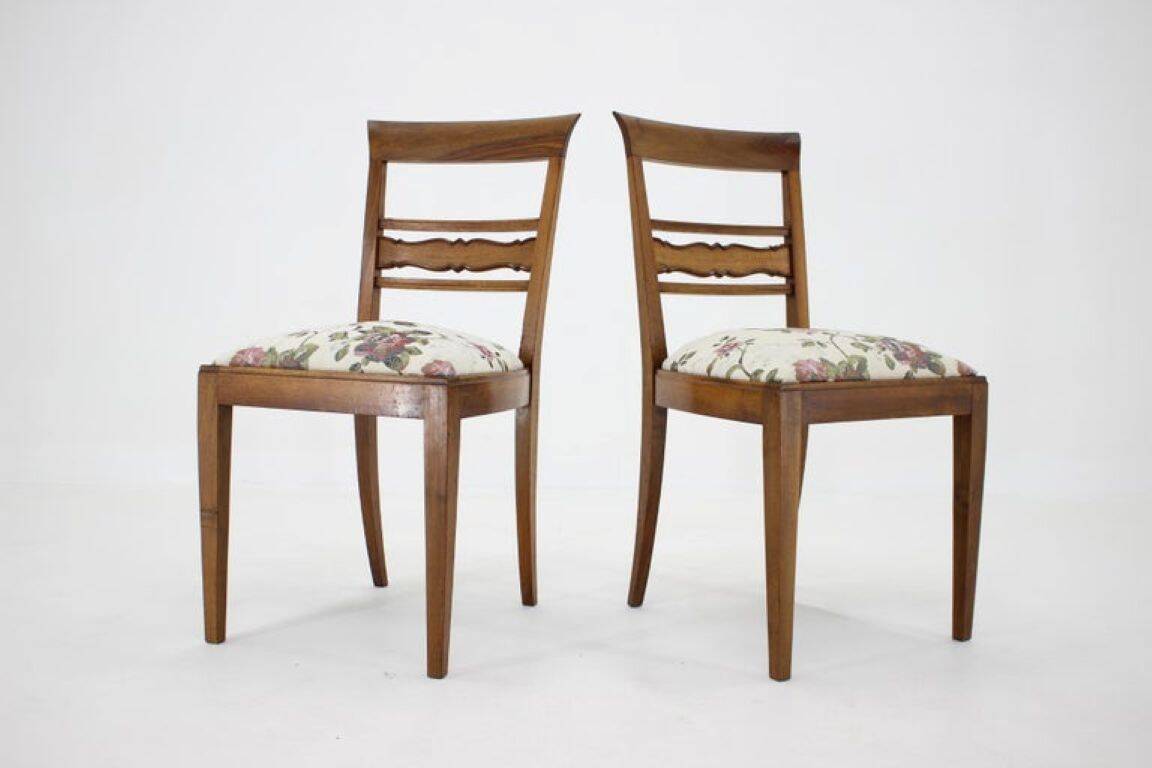 Pair of 1950s Czechoslovakian Refurbished Walnut Side Chairs in Floral Fabr