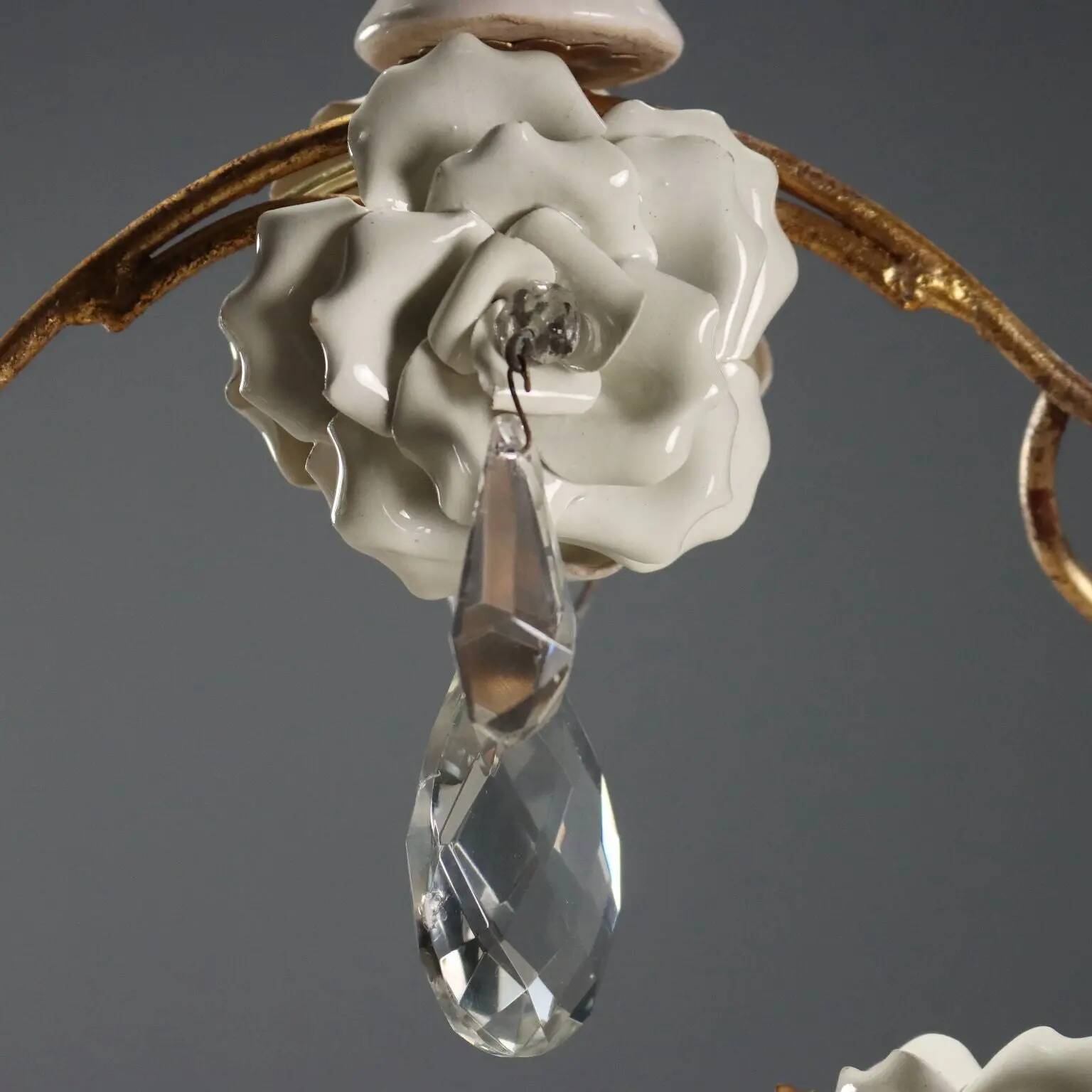 Antique chandelier in iron, gilded sheet metal and ceramic, Italy, 20th century