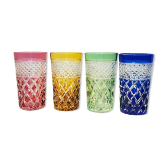 4 crystal orangeade glasses colored blue, green, red, yellow