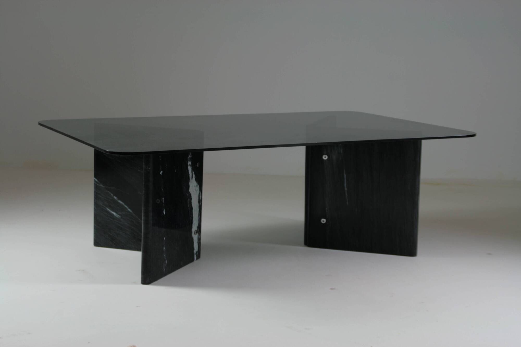 Black veined marble coffee table with smoked glass top, Italy 1970