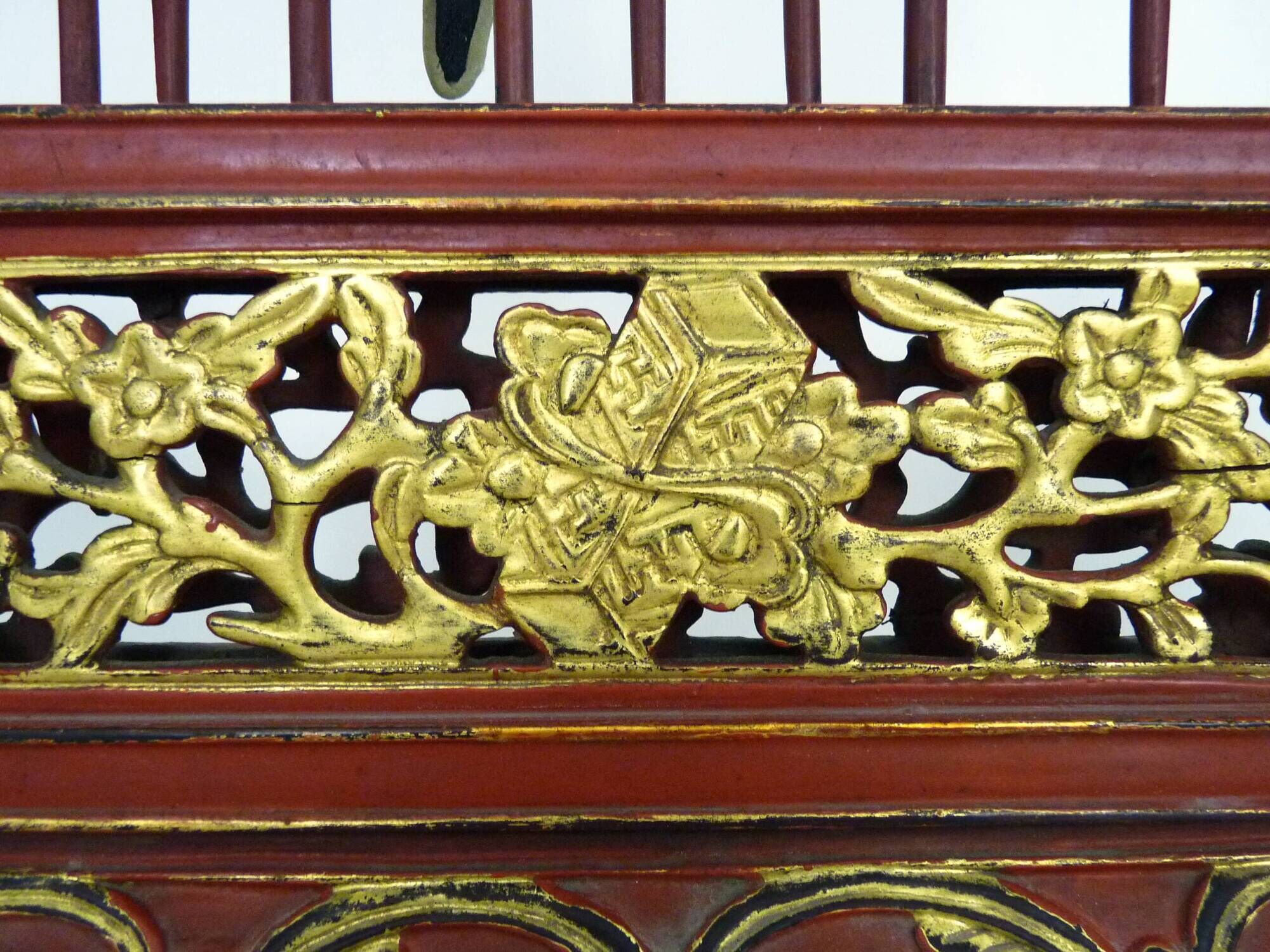 Antique Chinese board game in red and gold carved wood. 1950s