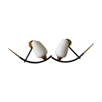 Opaline brass symmetrical and black horn-shaped laqué tube sconces