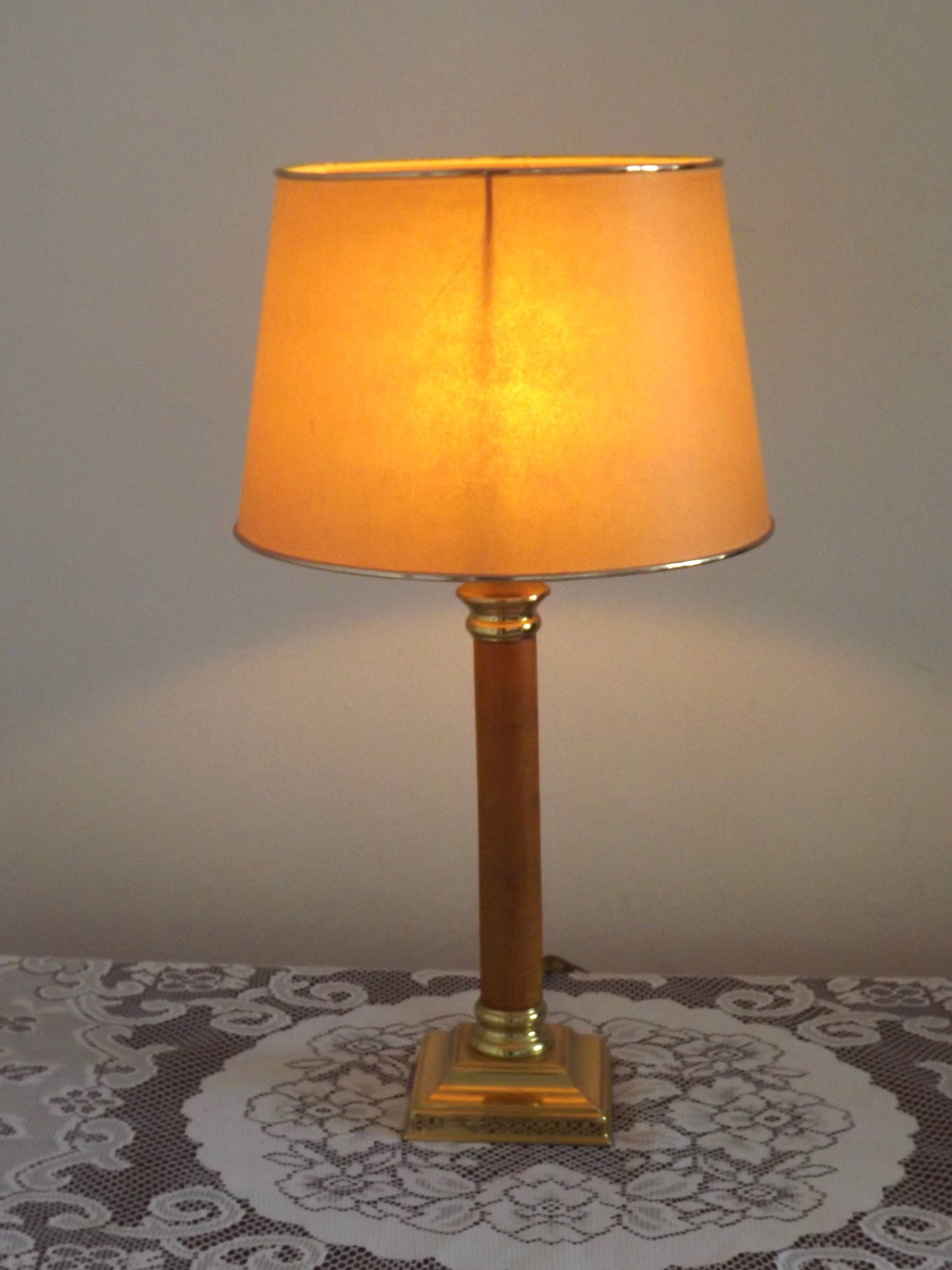 Tall French Mid Century Table Lamp Square Base With Beige and Gold Shade