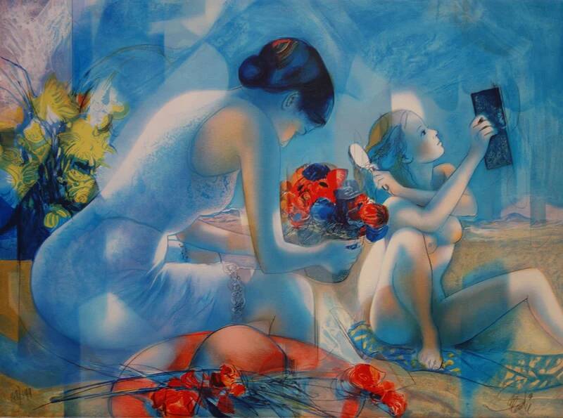 Jean-Baptiste Valadié: Blue Breeze, Mother and Daughter, original signed lithograph