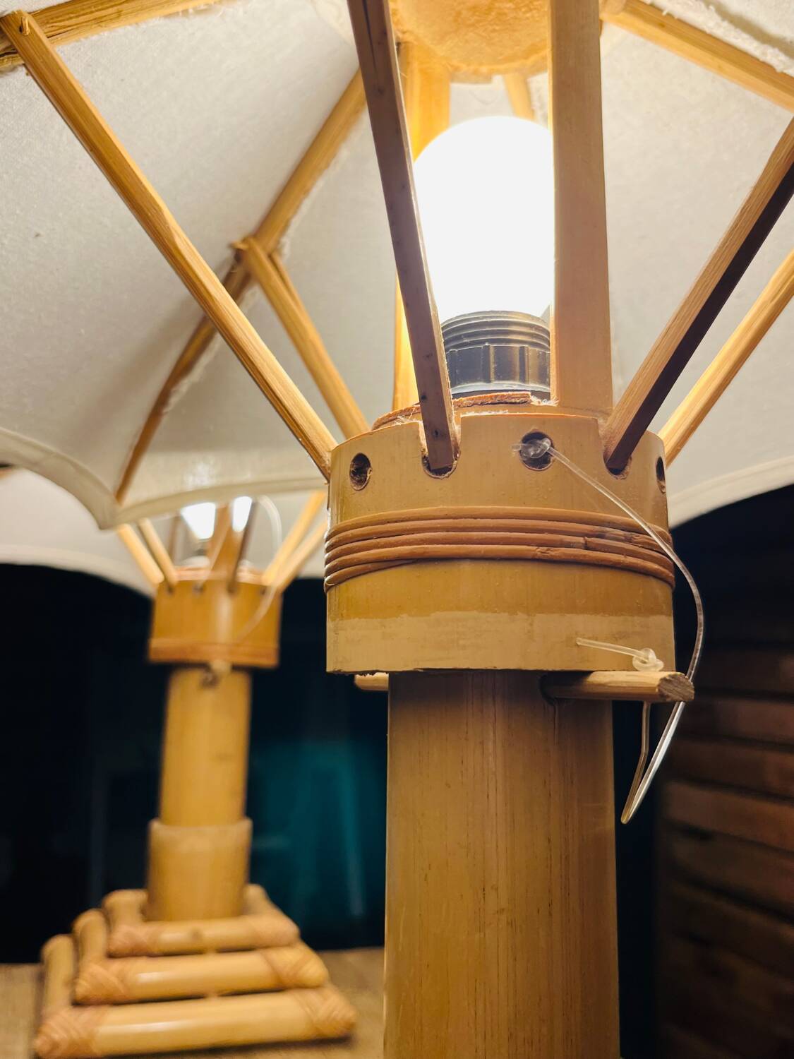 70s bamboo parasol lamps