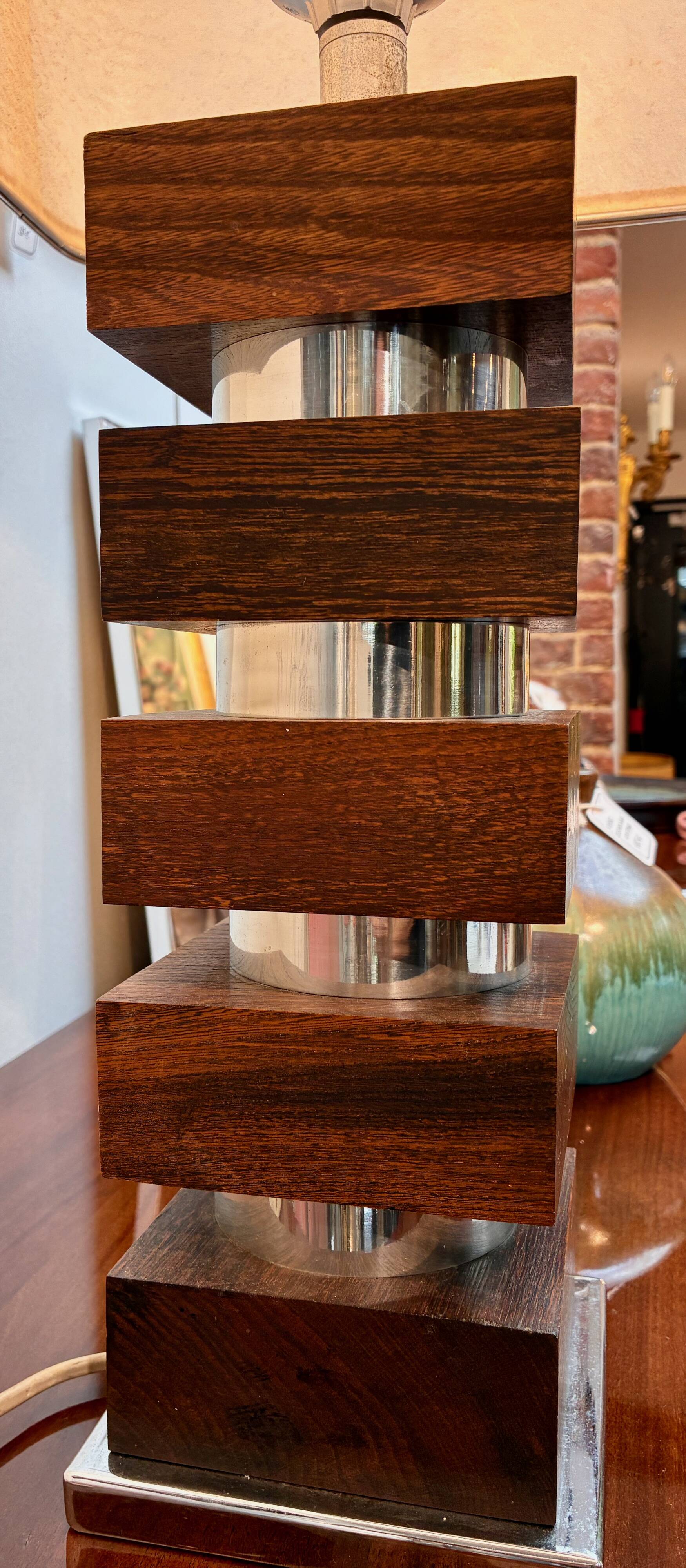 Large vintage architectural table lamp – Stacked Wood & Metal Base