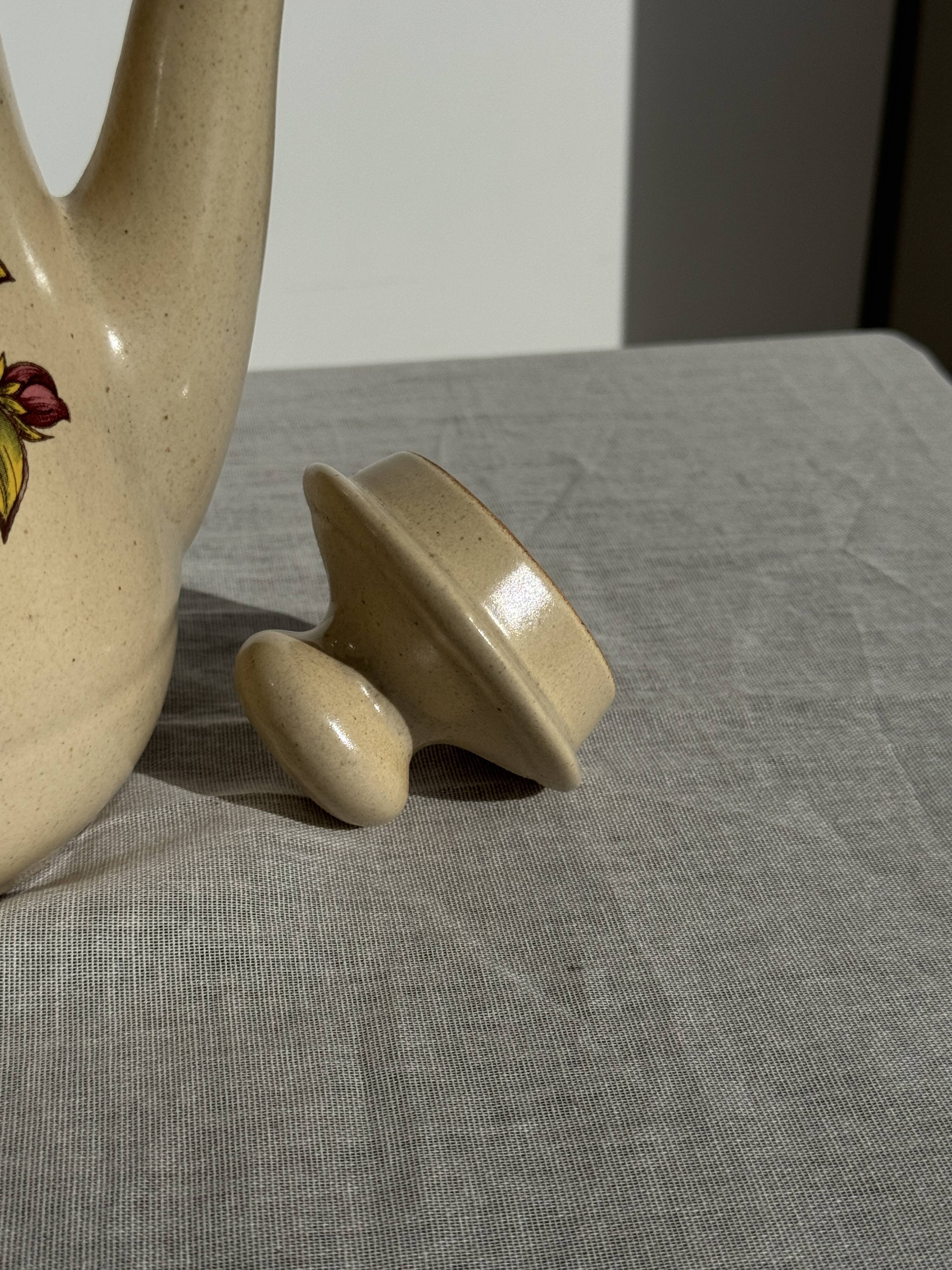 Vintage beige stoneware teapot with pink flower pattern H22