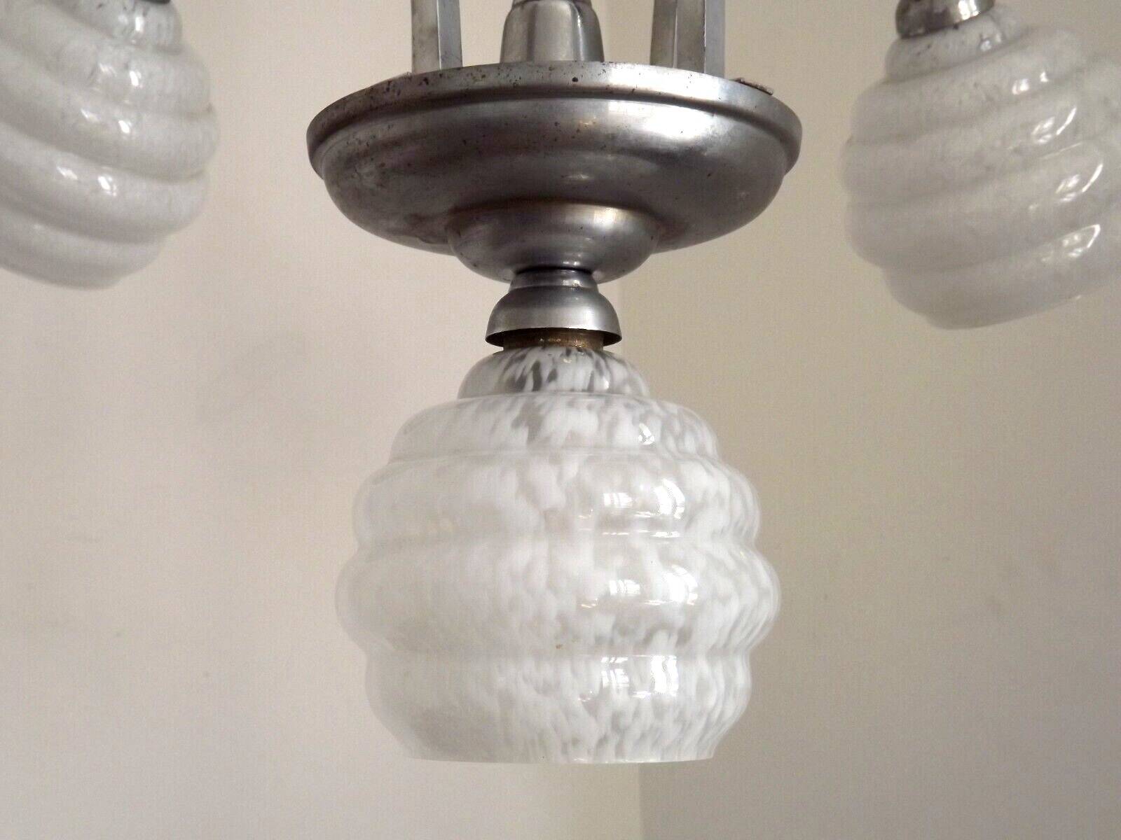 French Art Deco chandelier in silver-finished brass with 5 lights, Clichy white glass 4456.