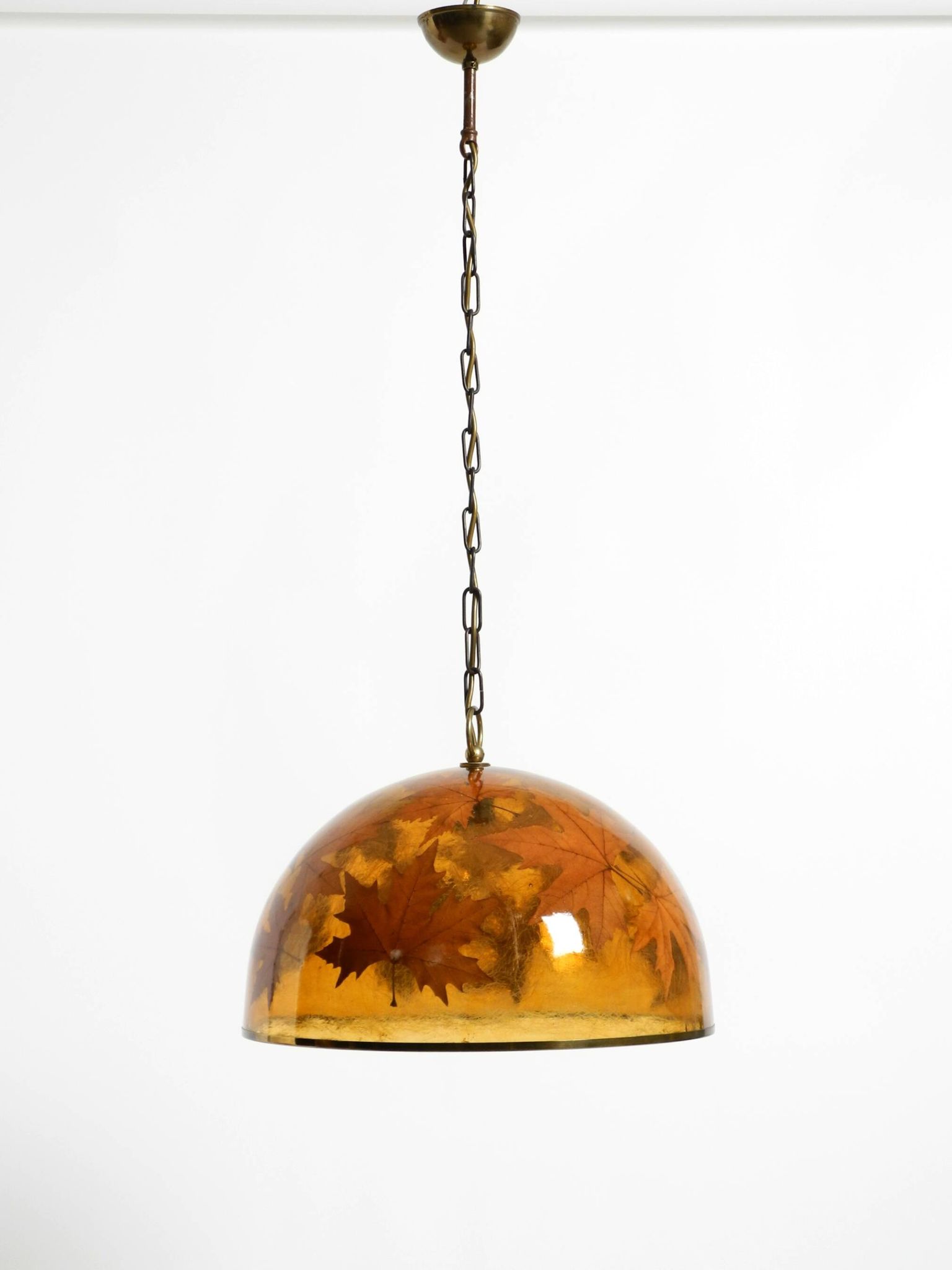 Rare, large 1970s Italian resin pendant lamp with embedded maple leaves