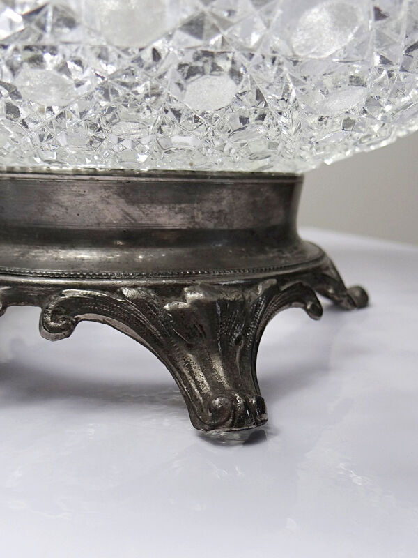 Coupe en verre pressé pointes diamants ancienne 1920-1950 sur pied étain