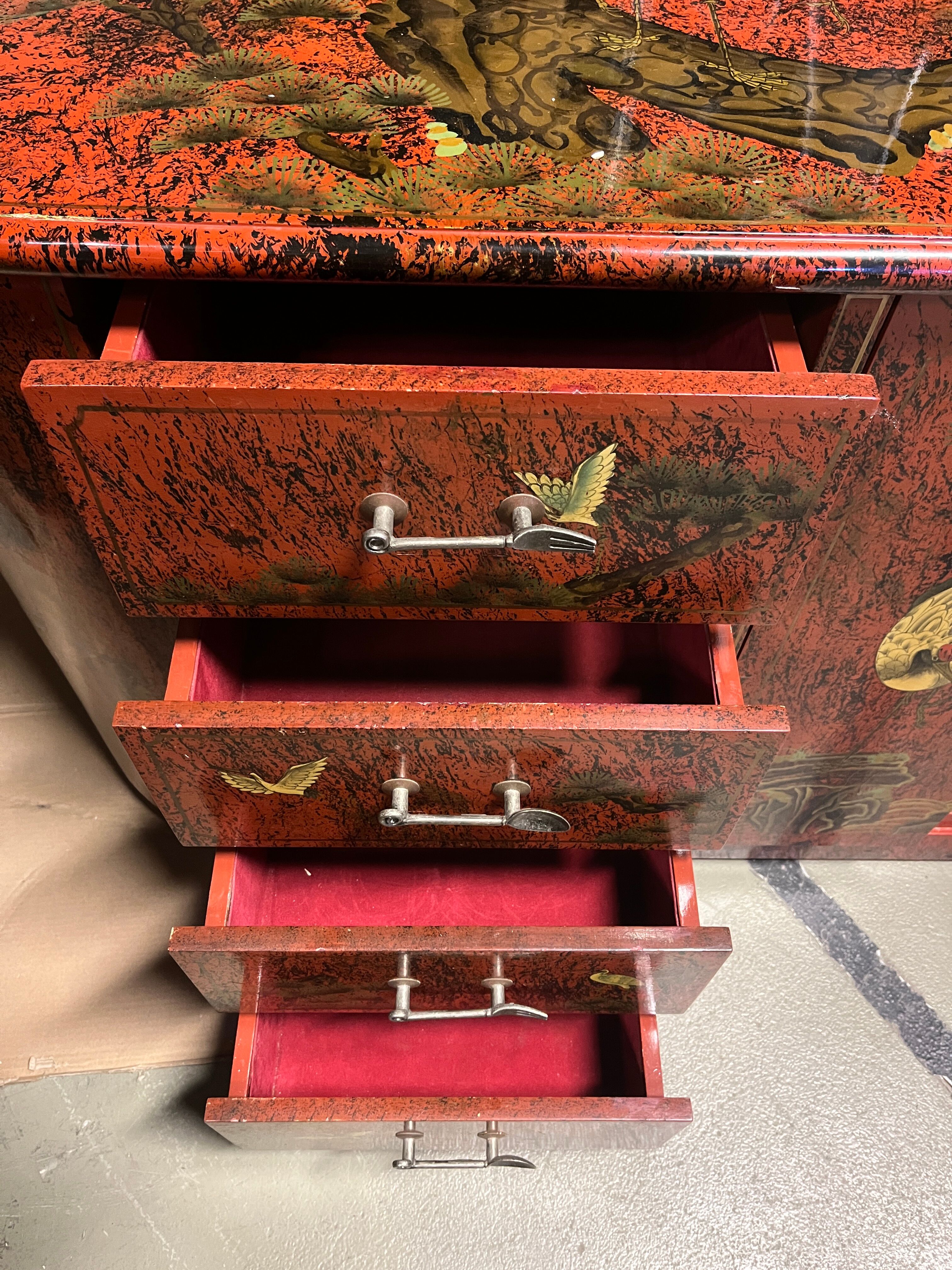 Vintage red chinoiserie cabinet, 1970s