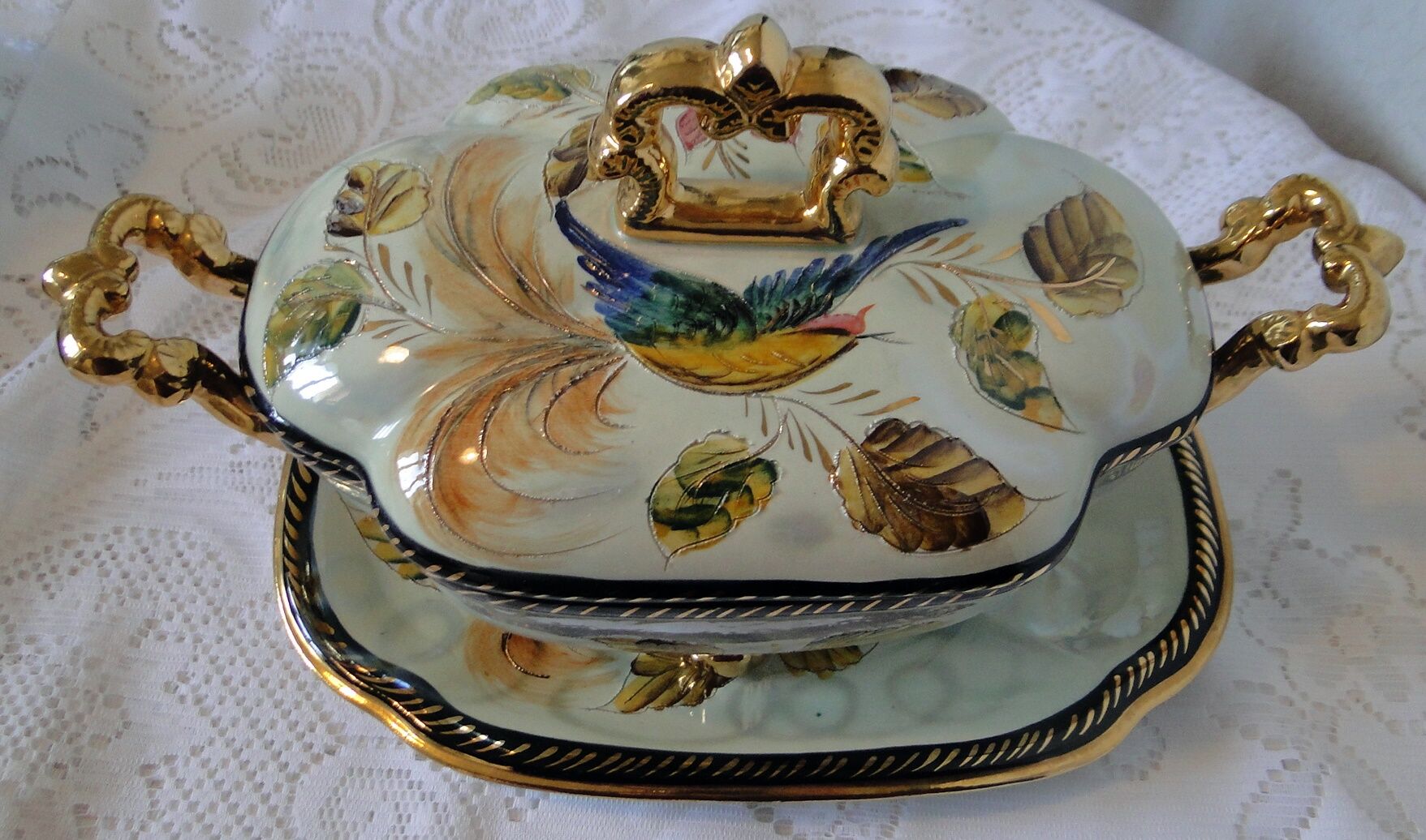 Vegetable soup tureen with old barbotine porcelain dish H.Becquet quarqueron