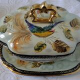 Soupière légumier avec plat anciens porcelaine barbotine H.Becquet quarqueron
