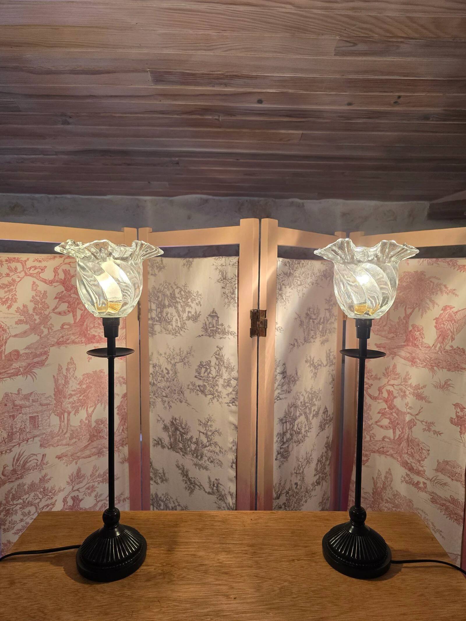 Pair of black and transparent glass vintage table lamps
