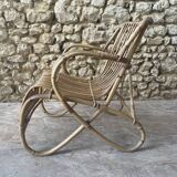 Ensemble table basse et fauteuils en roseau - années 50