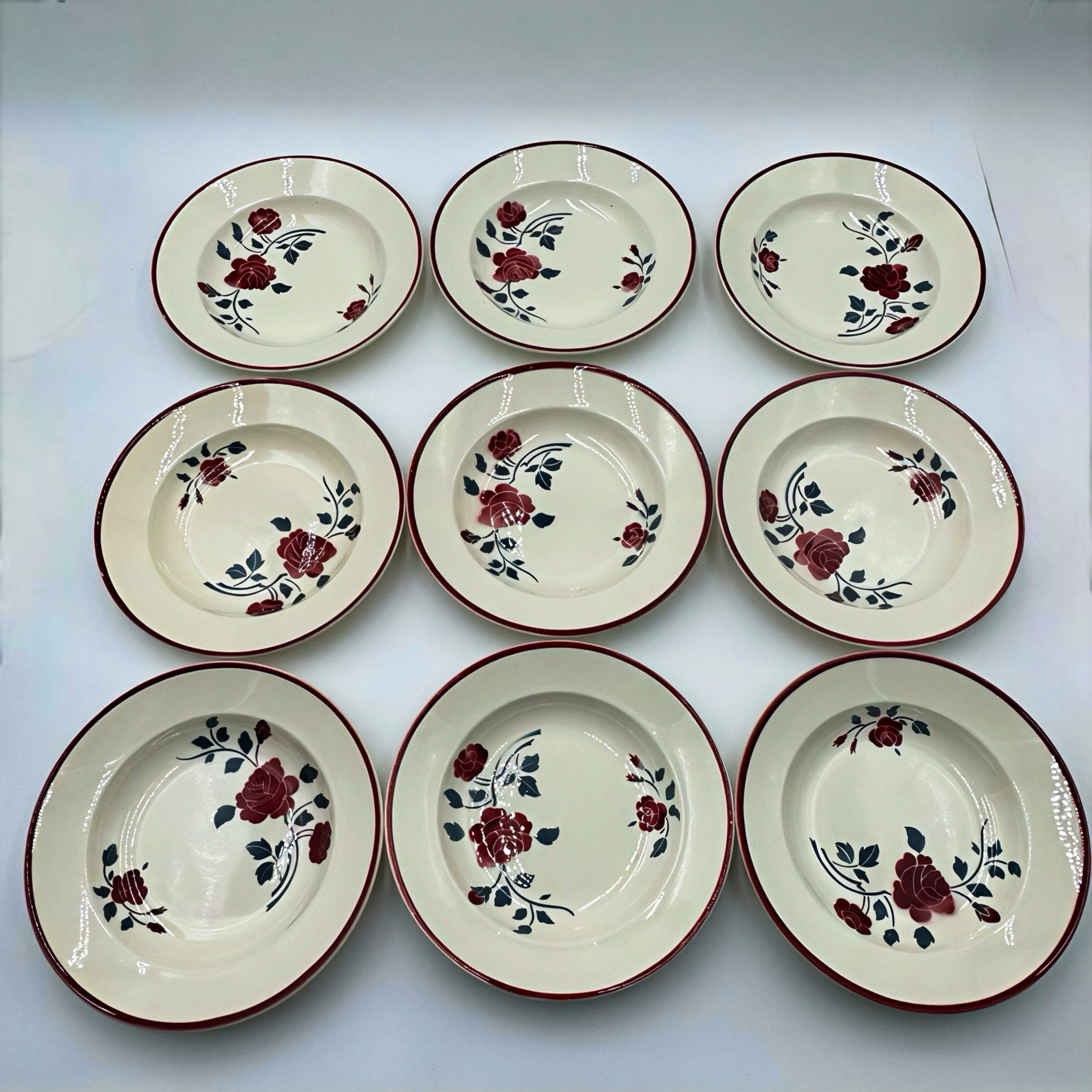 9 soup plates Badonviller model "Les Roses" from the 1950s