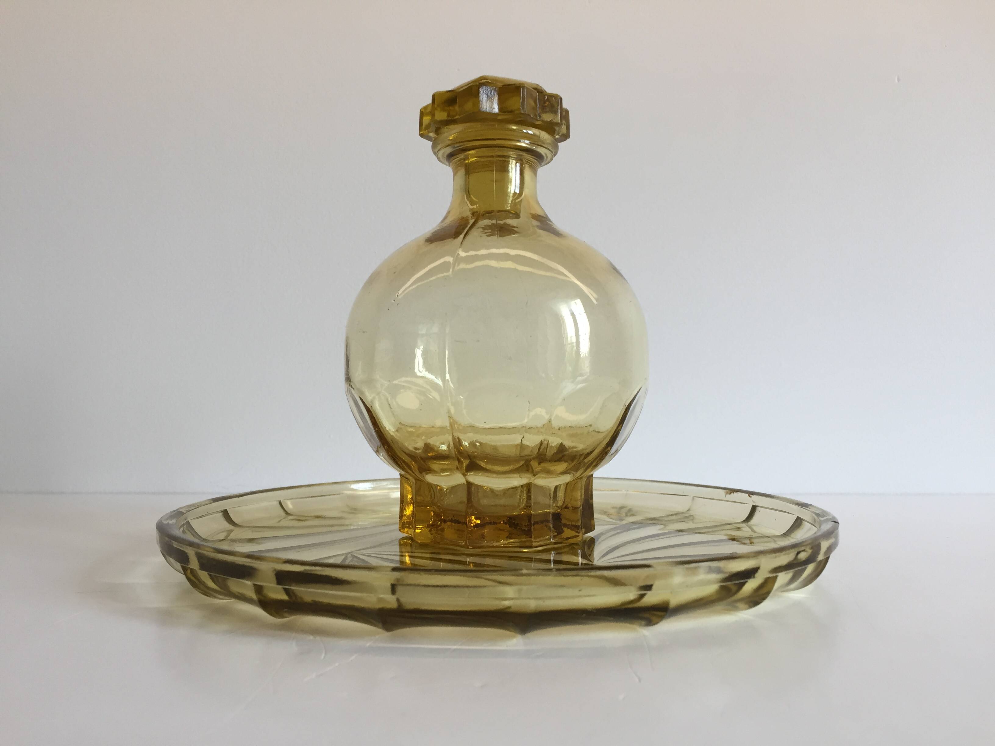 ART DECO Tray and Carafe Amber Yellow Glass