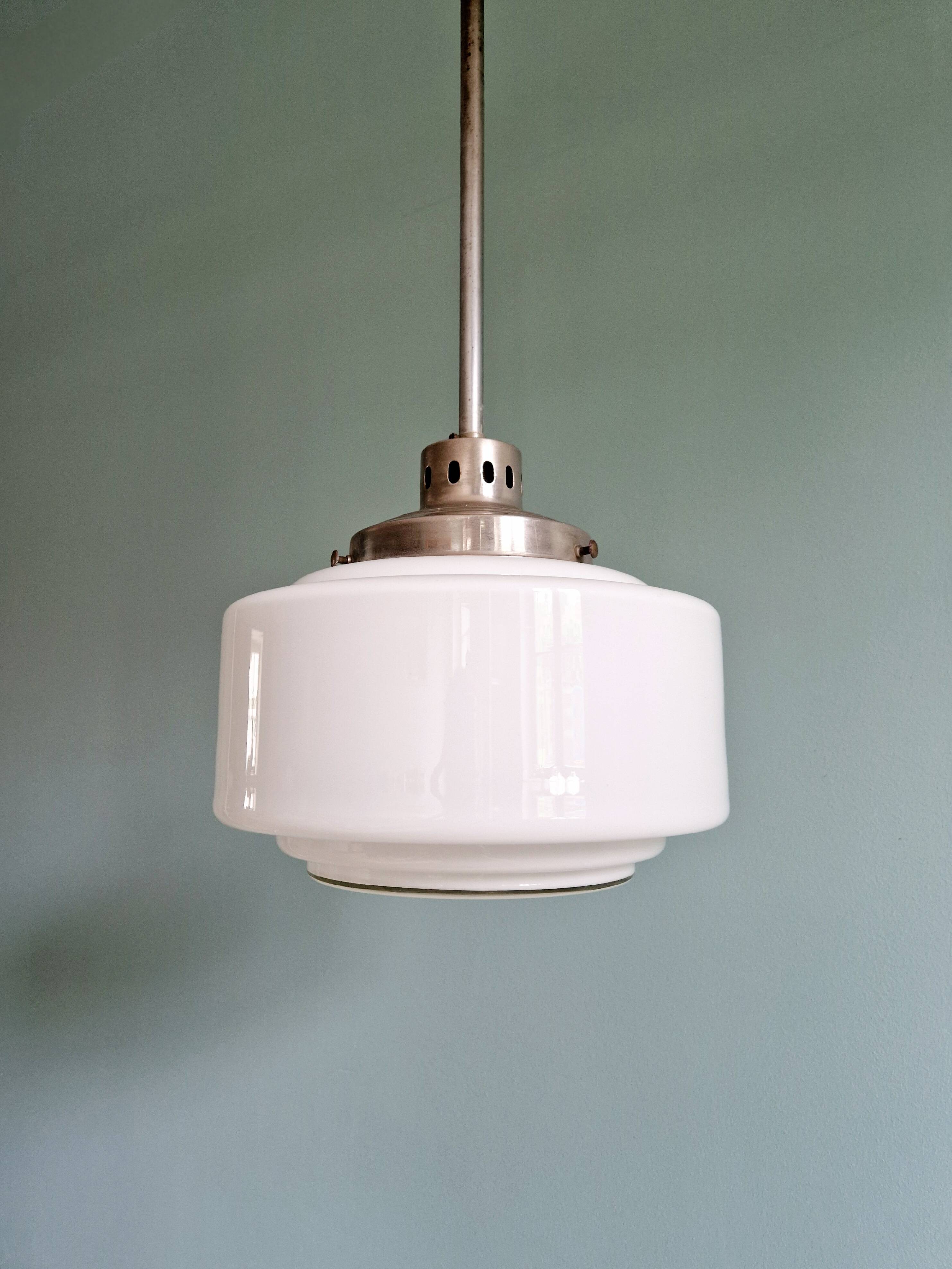 Art Deco pendant light in white opaline glass, 1930s