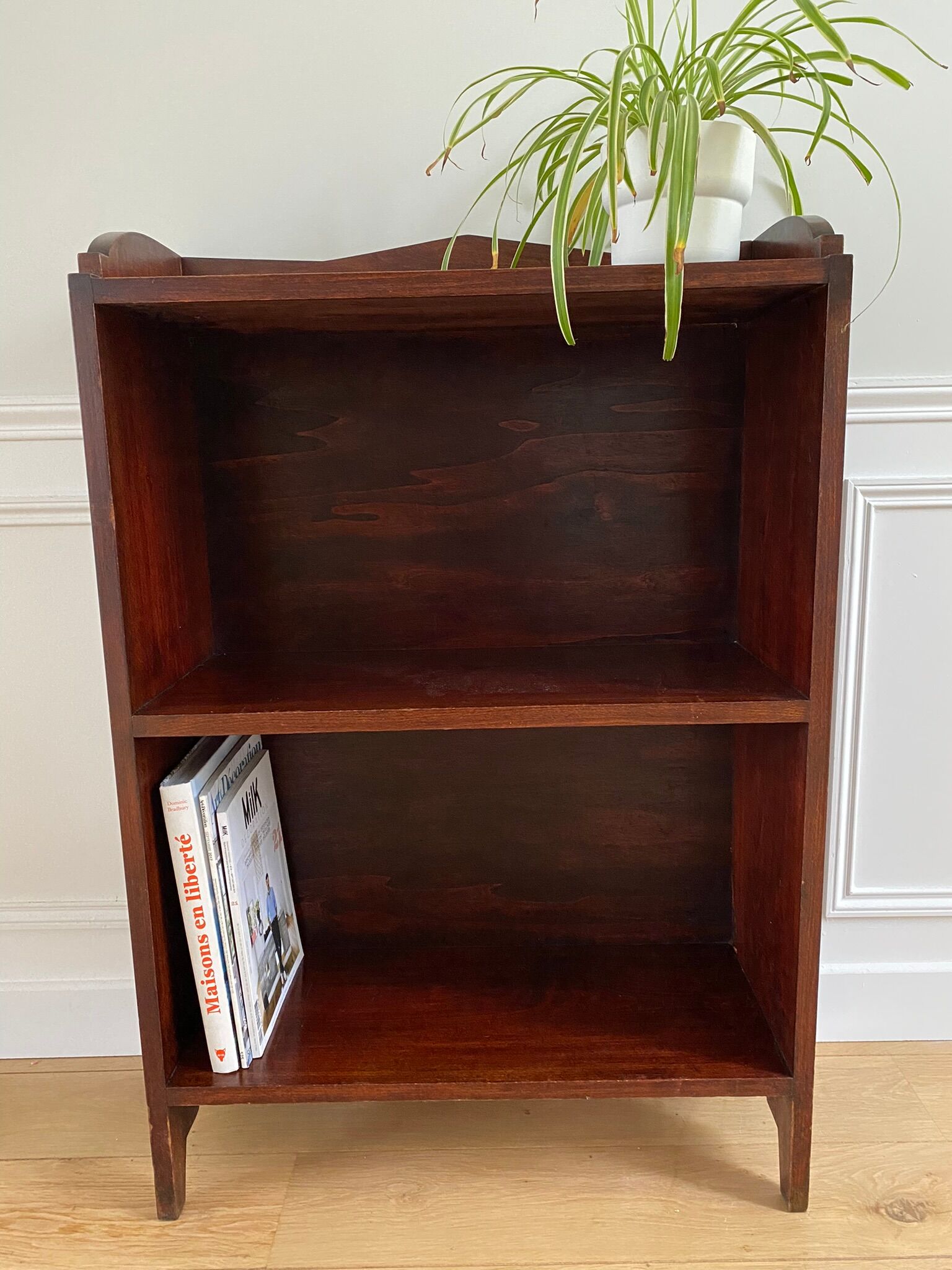 Bookcase vintage natural wood shelves open to three shelves