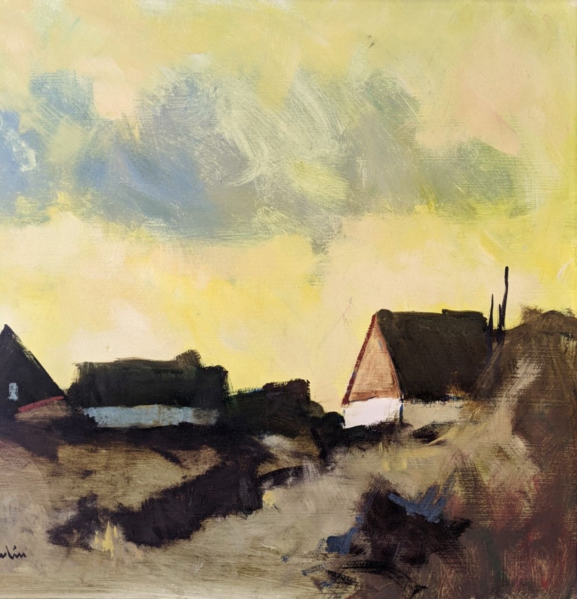 Mid-Century Modern Swedish "Yellow Skies" Vintage Landscape Oil Painting, Framed