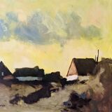 Mid-Century Modern Swedish "Yellow Skies" Vintage Landscape Oil Painting, Framed
