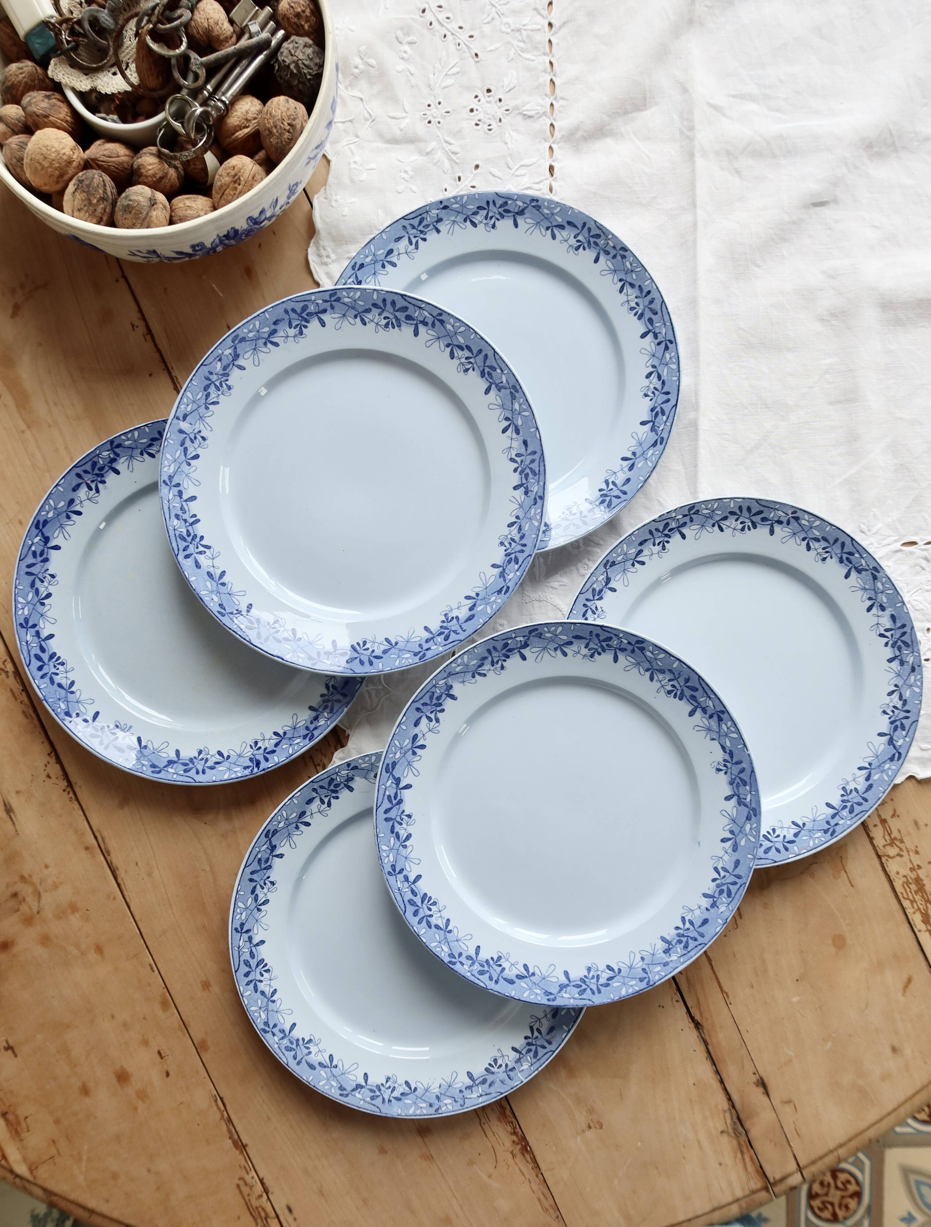 6 antique flat plates from Sarreguemines U&C in the Mimosa blue pattern.