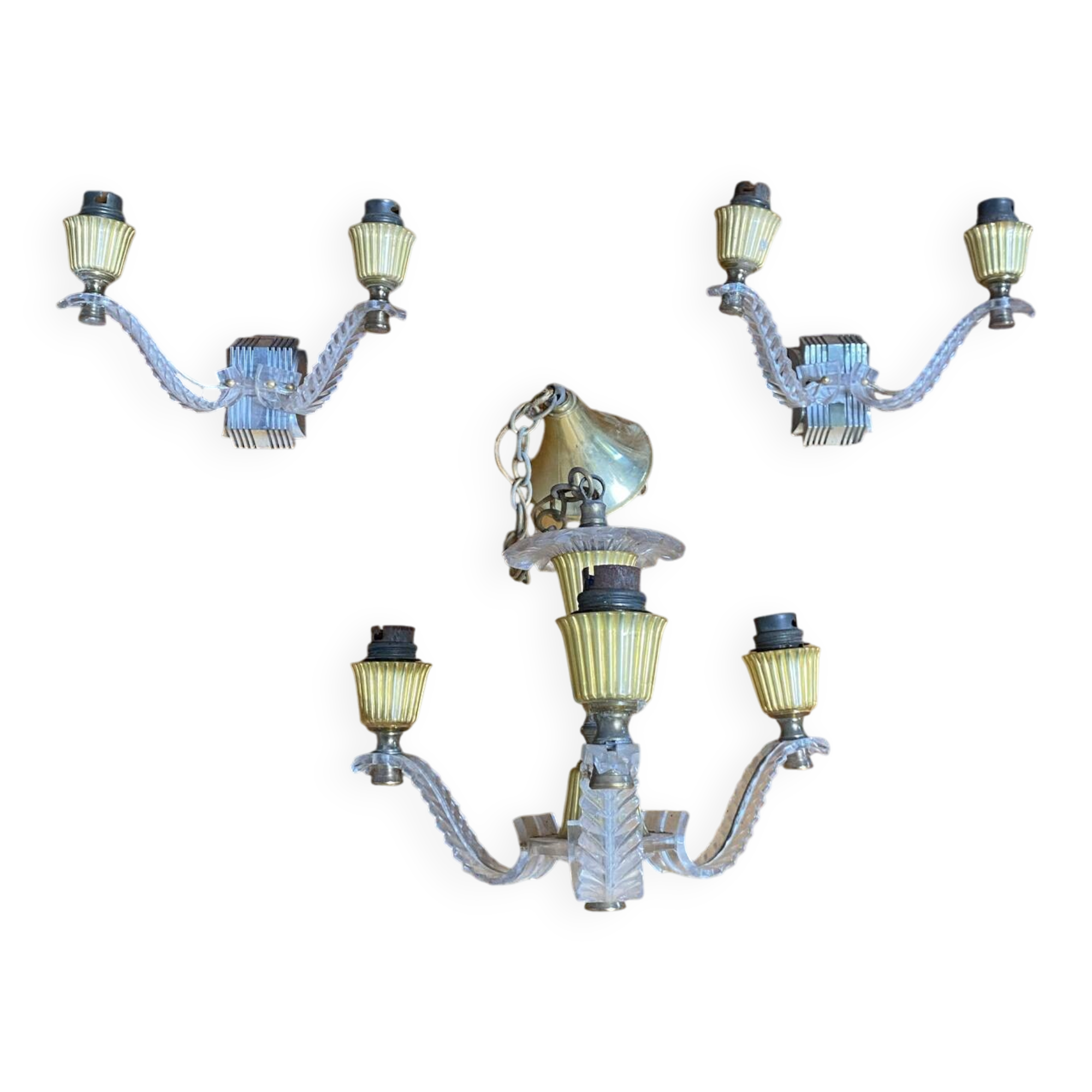 Chandelier + pair of wall lights in the old style jules leleu gilded + perspex plexi