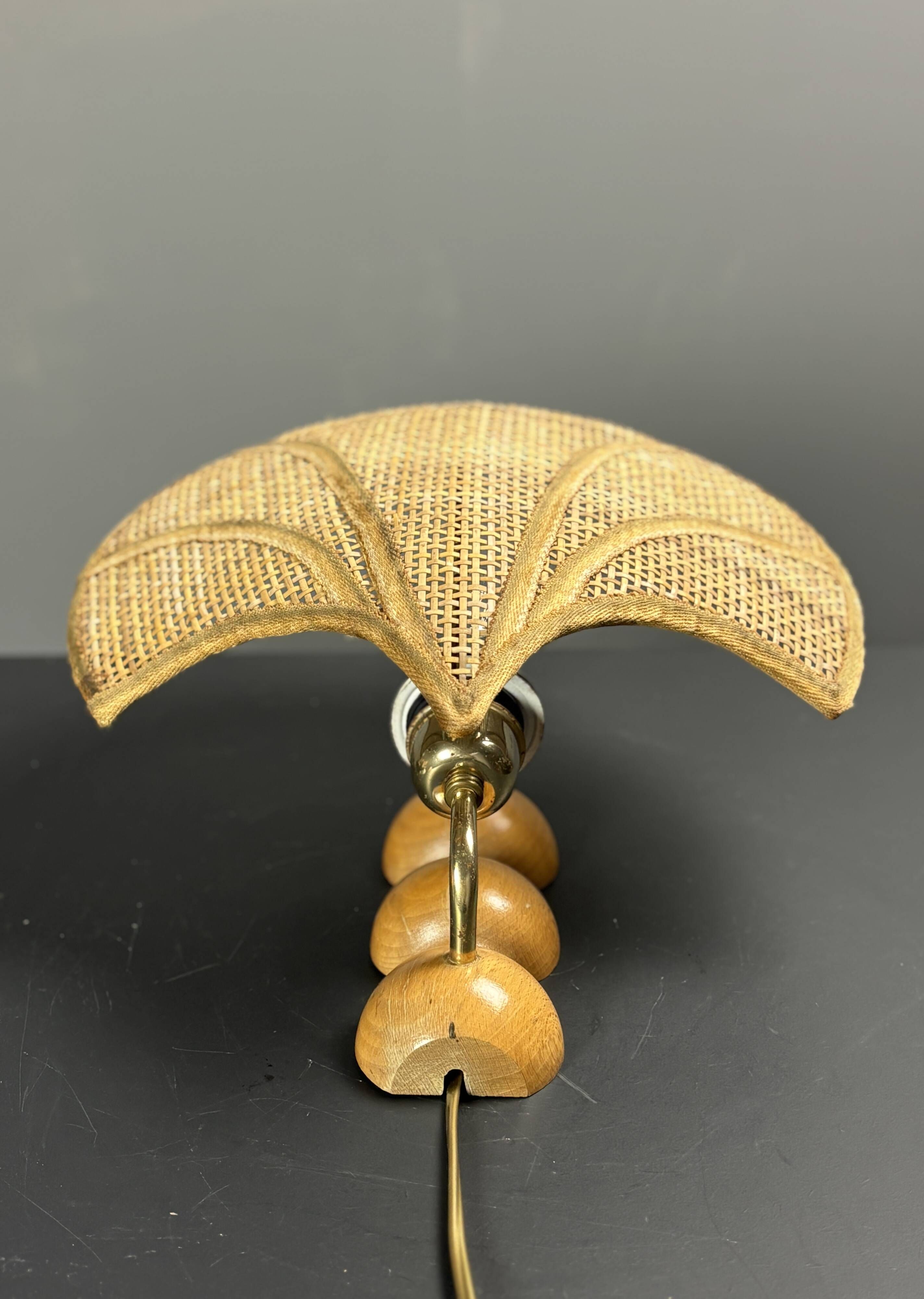 Pair midcentury Italian rattan wicker pine brass scallop wall sconces 1970s