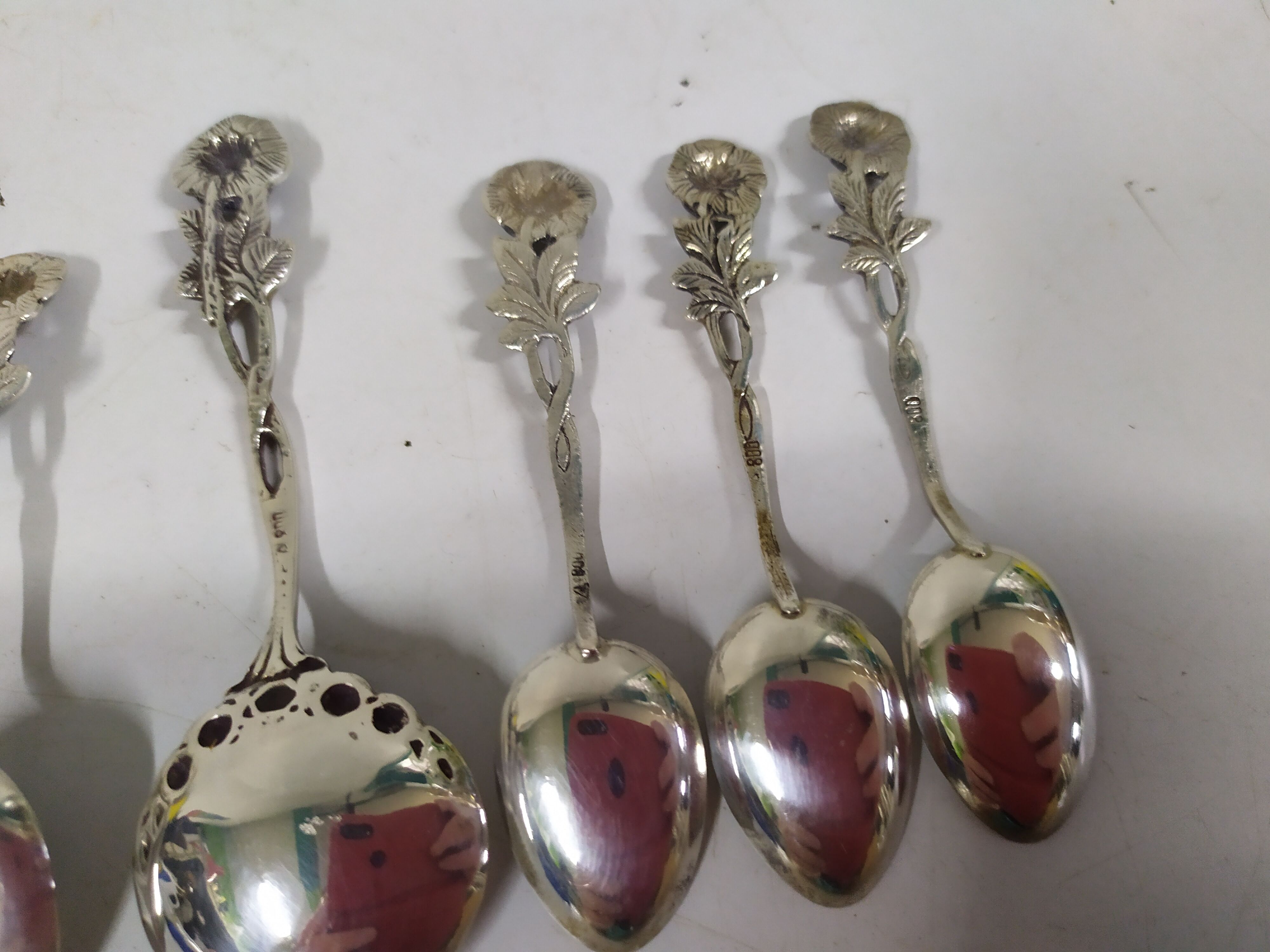 Lot de 6 cuilleres a moka cafe et 1 cuillère à sucre argent massif 800 - art déco rose