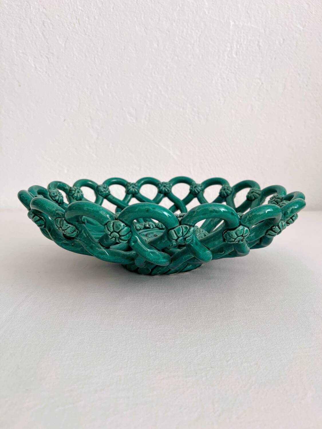 Vintage Vallauris green woven ceramic fruit bowl