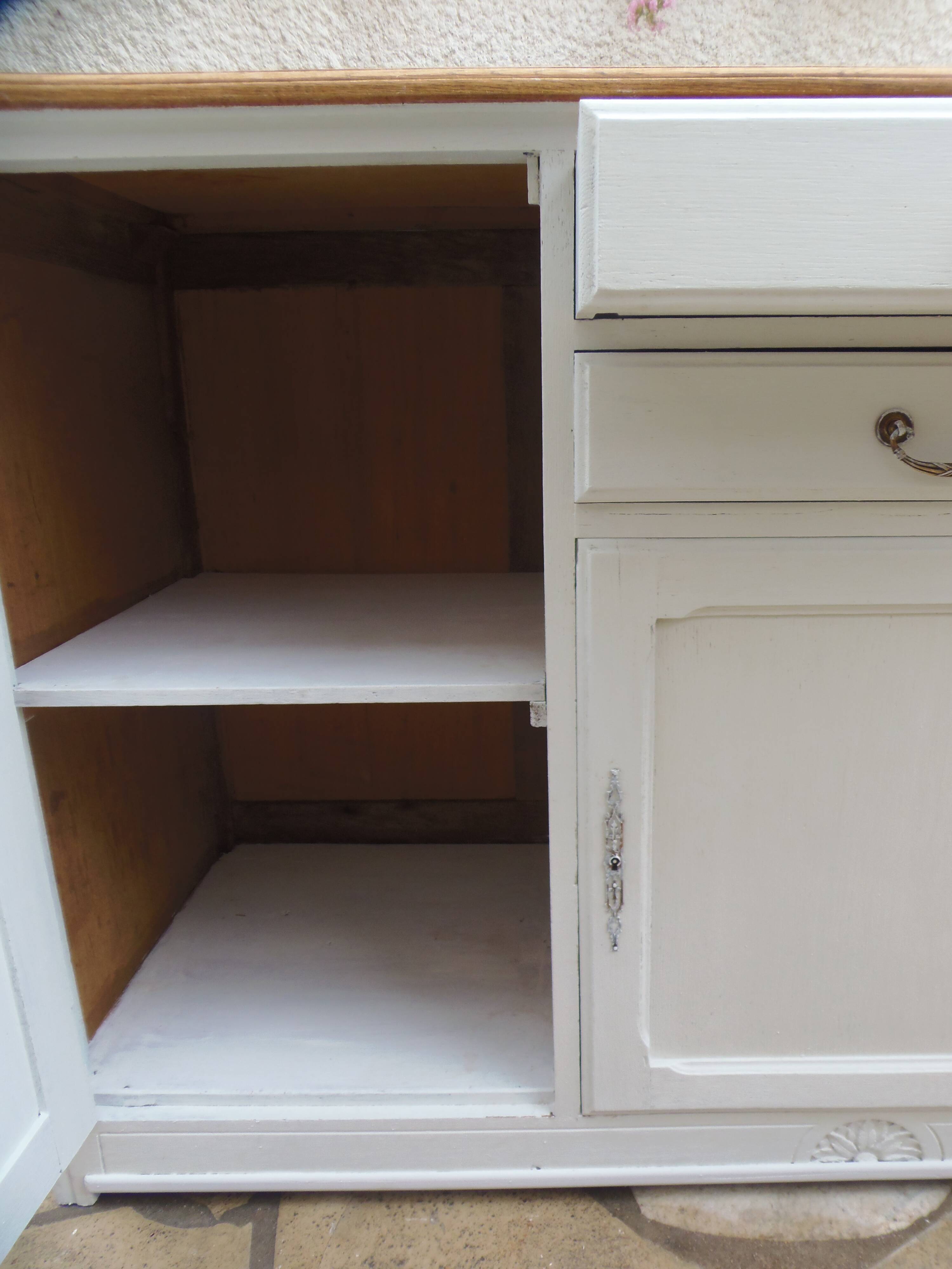 Vintage sideboard in pearl grey patinated oak, wooden top.