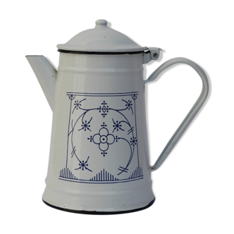 Enamelled old white and blue coffeemaker