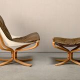 Sigurd Ressell Falcon Chair with Ottoman in brown leather for Vatne Møbler