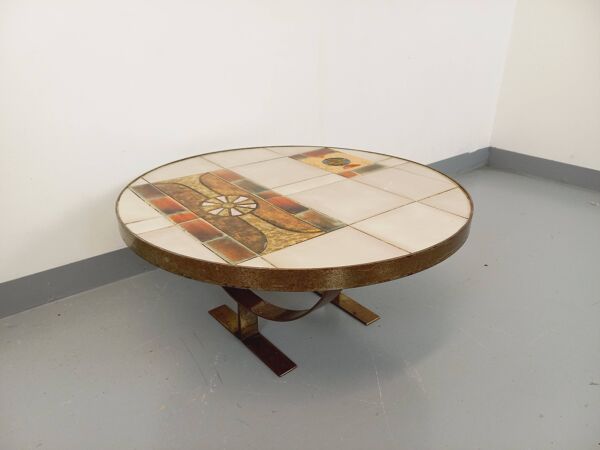 Table basse ronde vintage de Jean Gregorieff pour Roche Bobois des années 60 70 en céramique acier