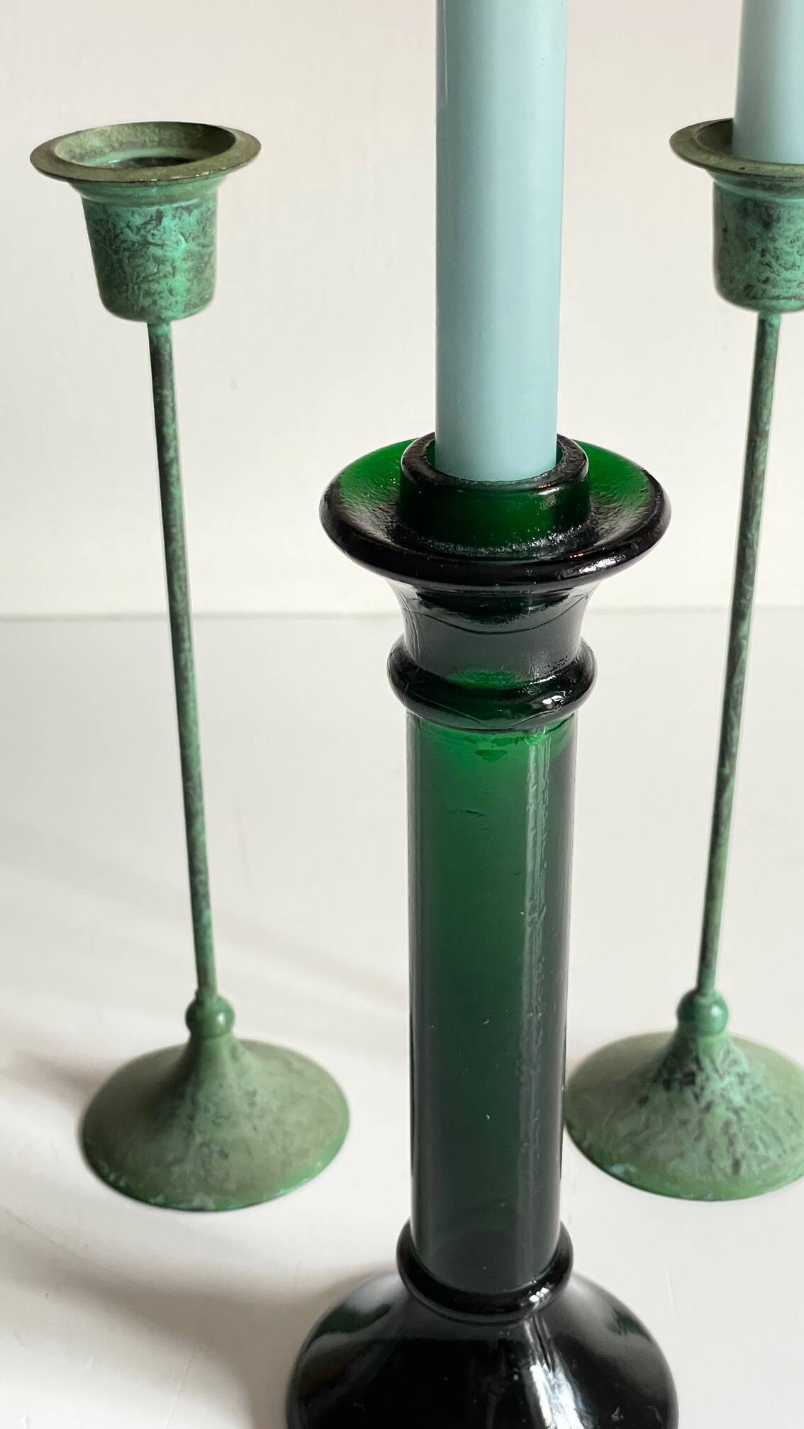 Vintage Glass and Metal Candlesticks Green