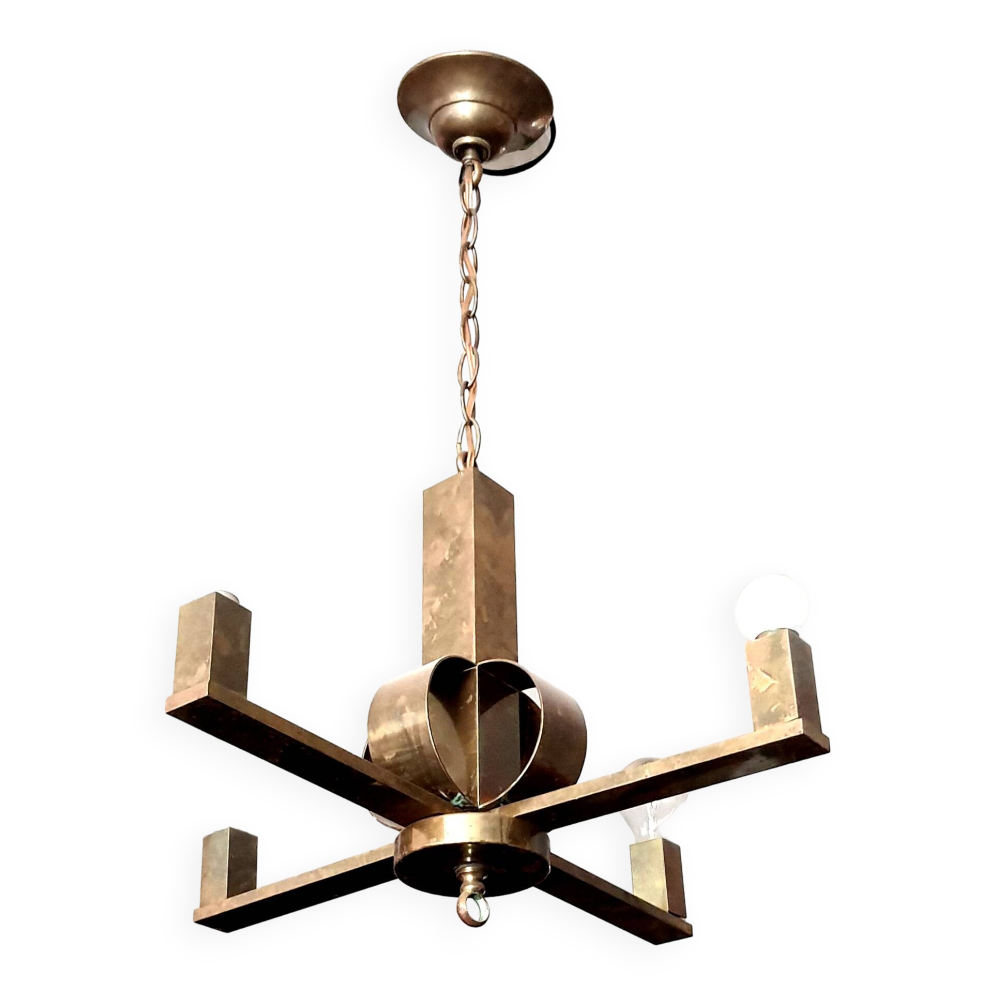Art Deco period modernist four-light gilt brass pendant light circa 1930
