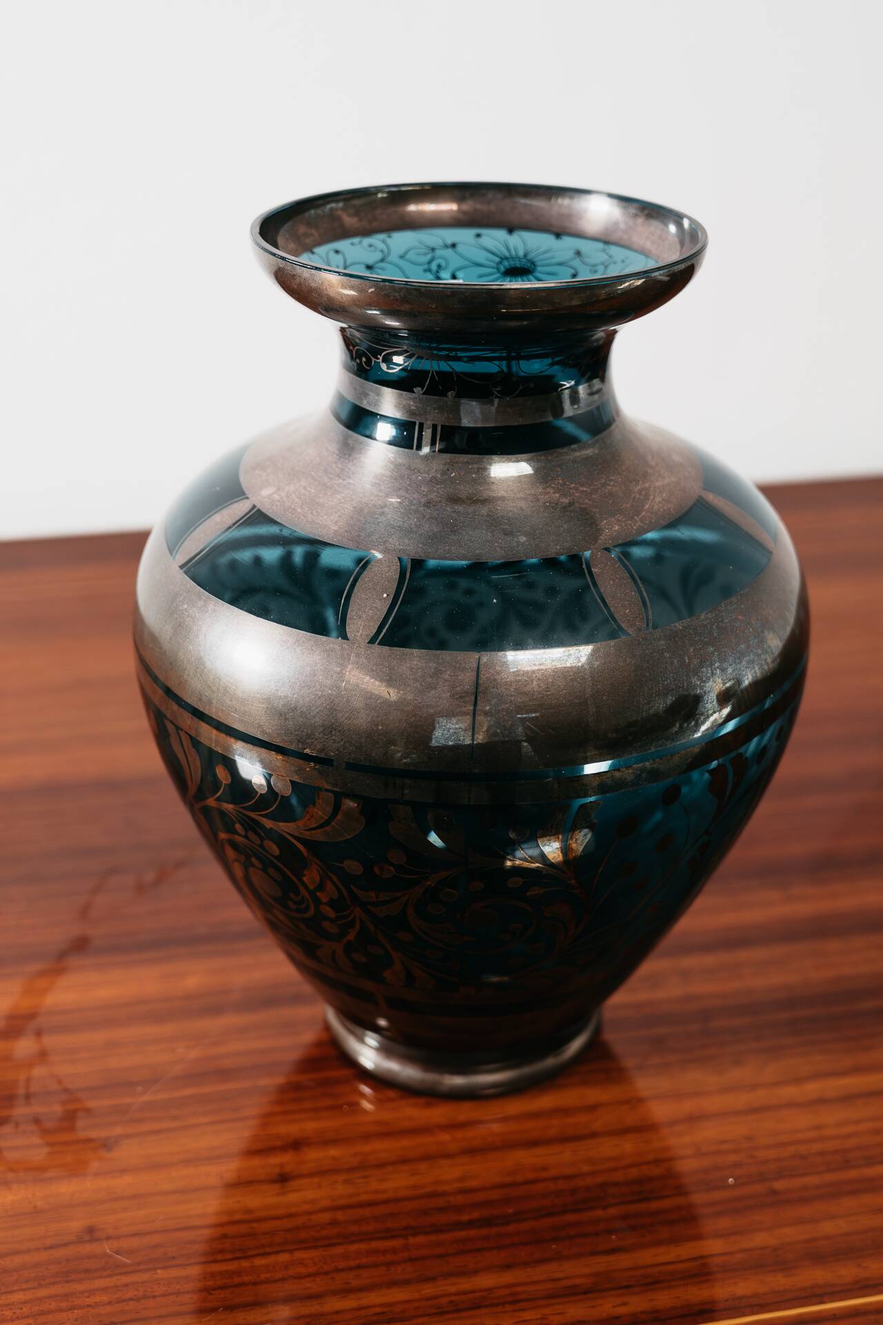 Vaso In Vetro E Argento Overlay American Art Decó 1940’s Design