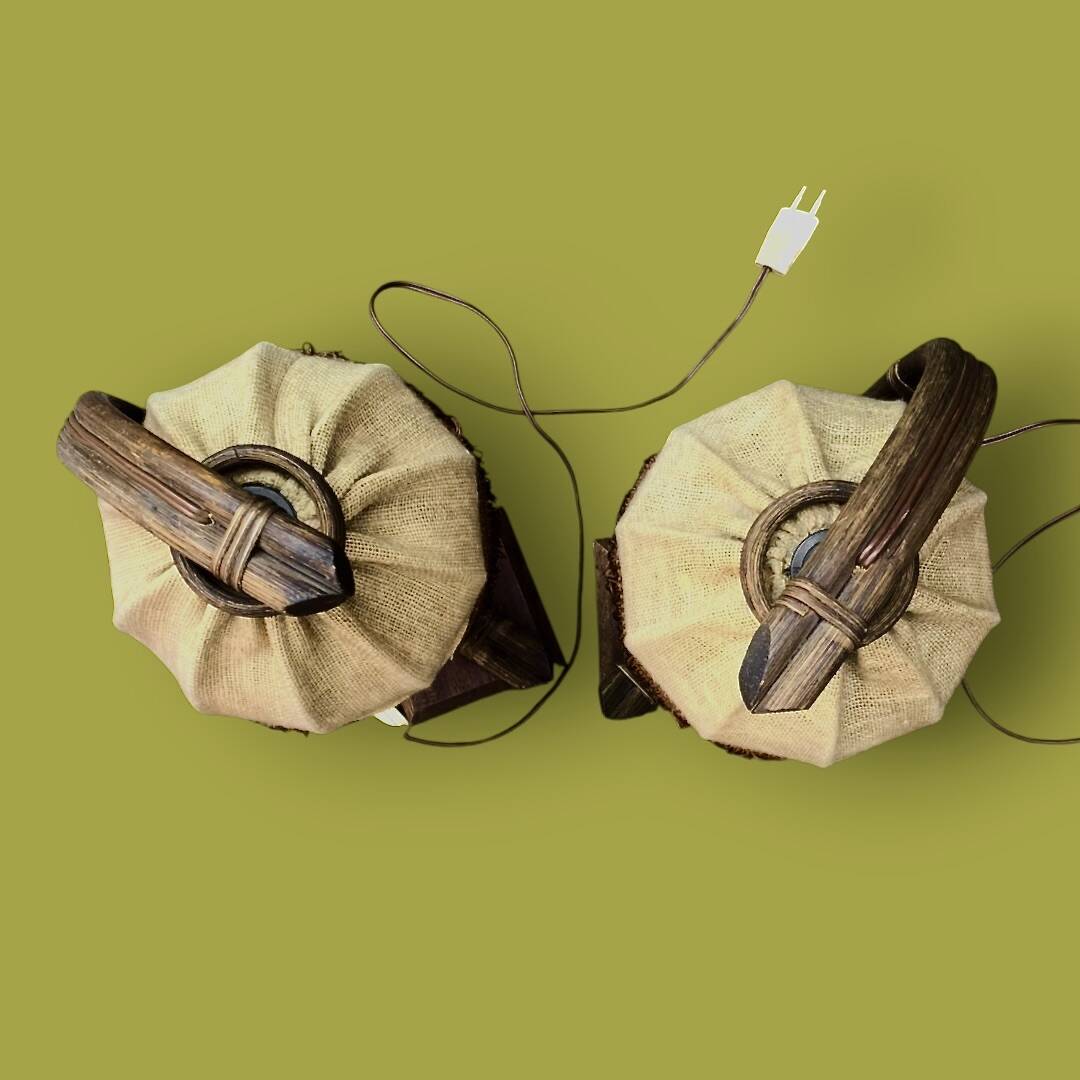 Pair of bamboo and jute bedside lamps, 1970s