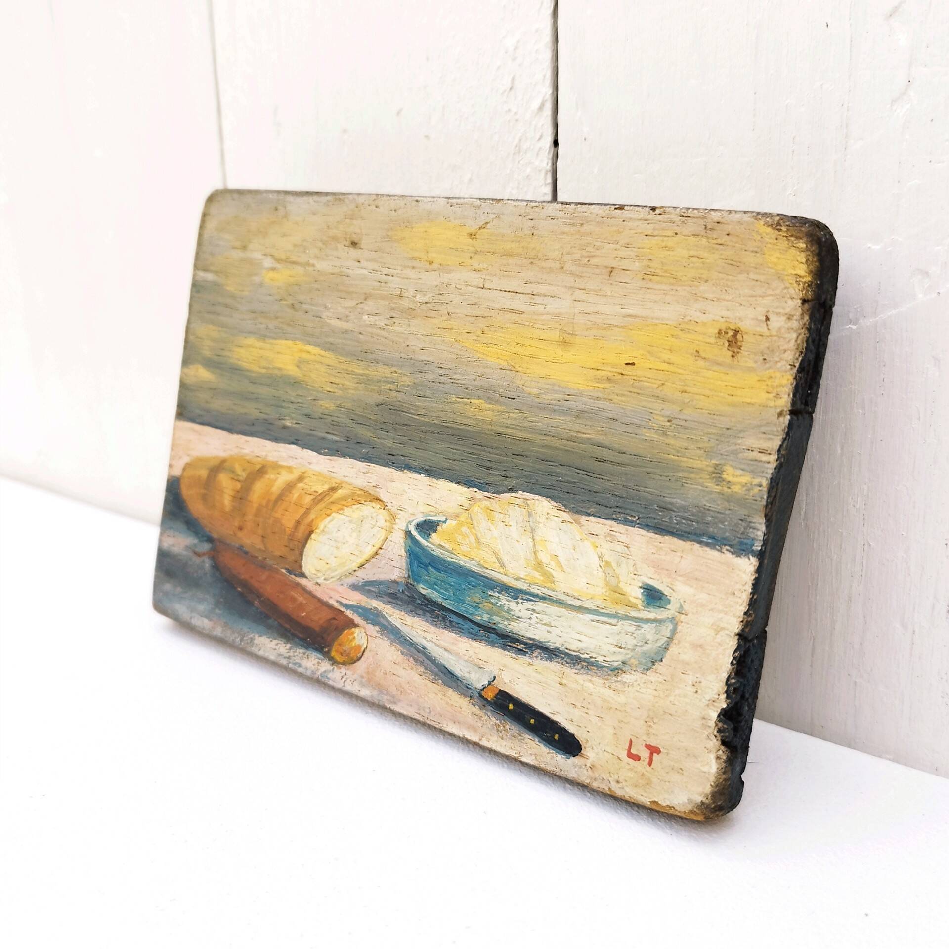 Still life painting on vintage wood