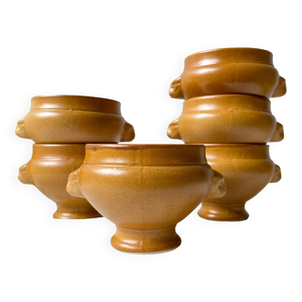 6 Honey-colored stoneware onion soup bowls