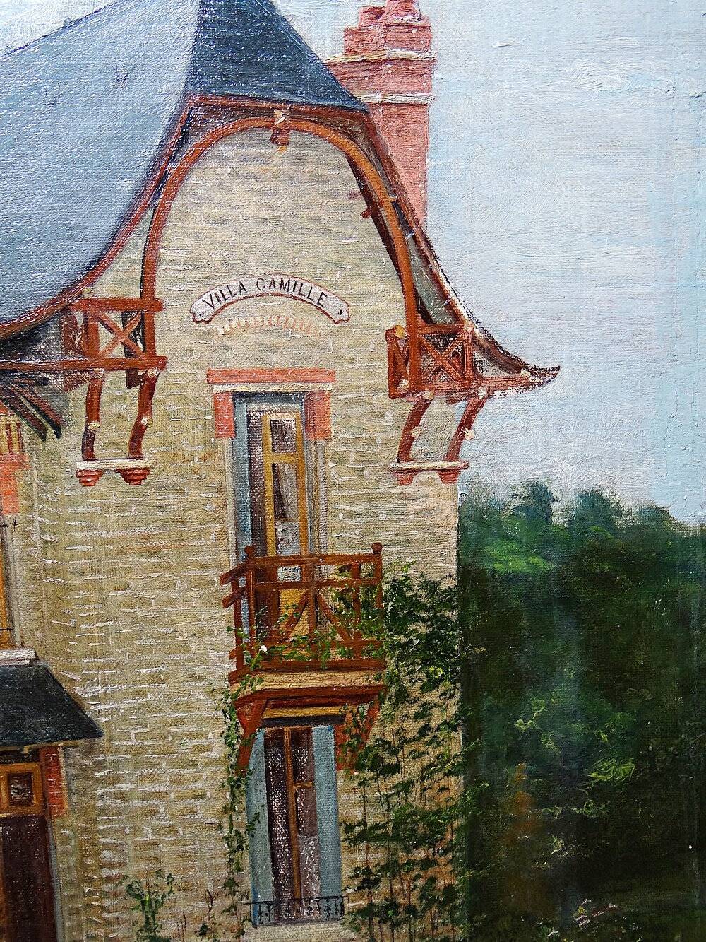 Large painting "Villa Camille" from the 1940s-60s, oil on canvas signed M. Lesoll.
