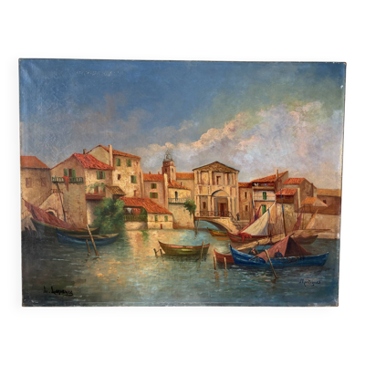 Port méditerranéen, huile sur toile