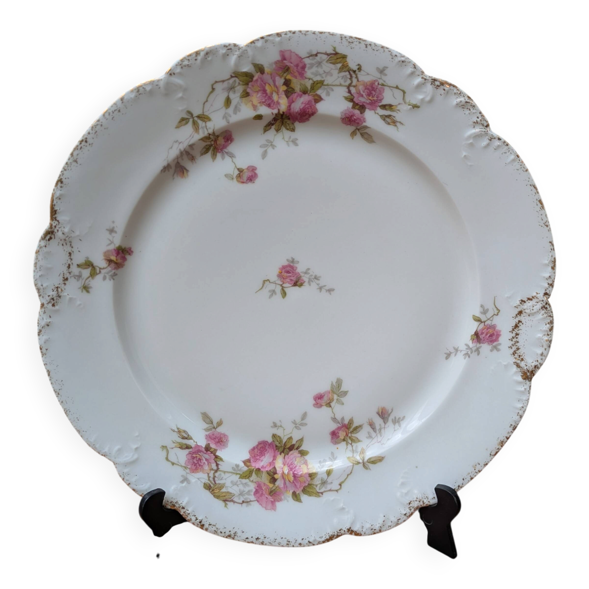 Porcelain plate with floral decoration, gilding, and relief MR France 25.5cm