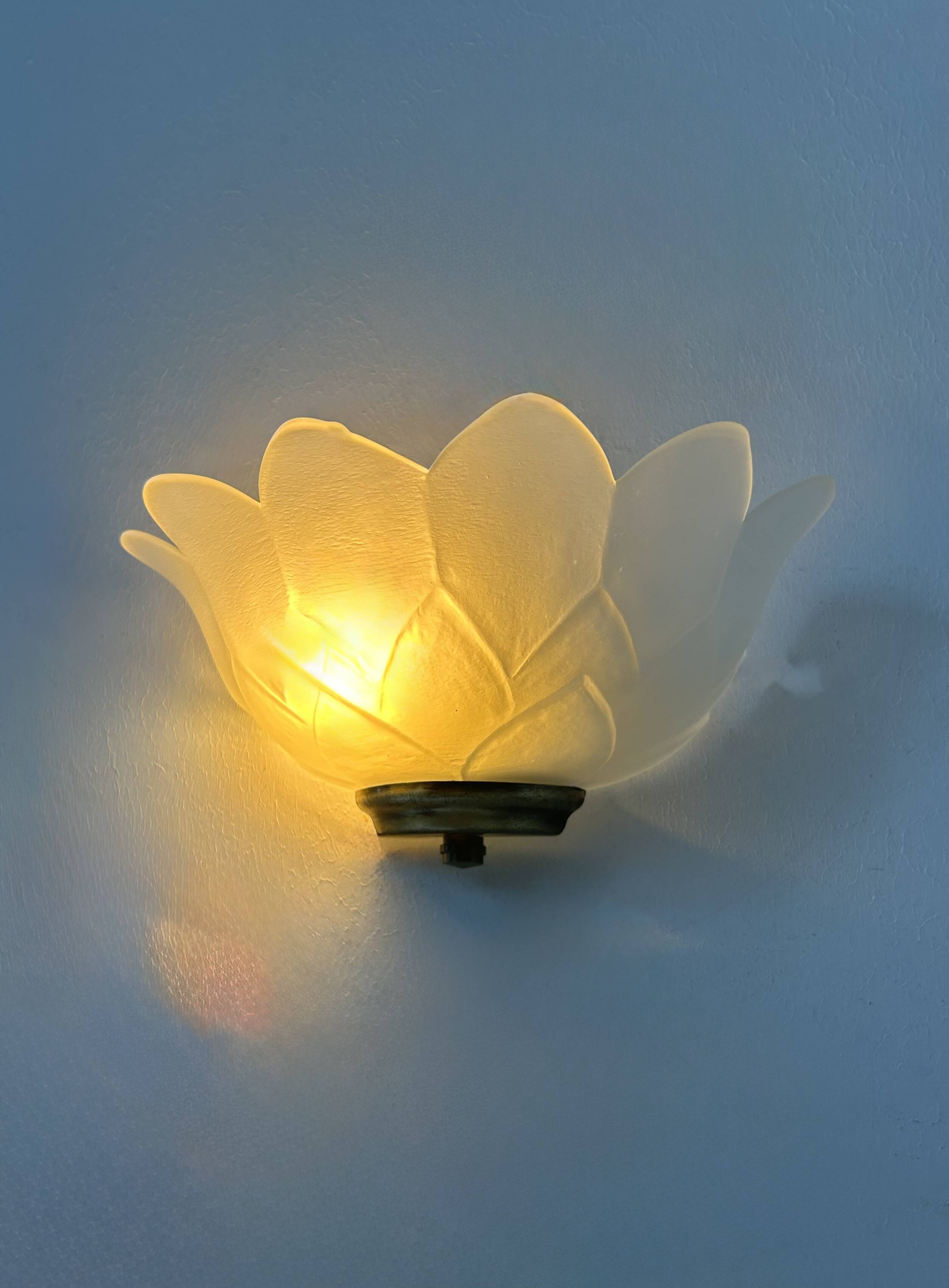 Pair of vintage brass and sandblasted glass wall lights, France, 1970