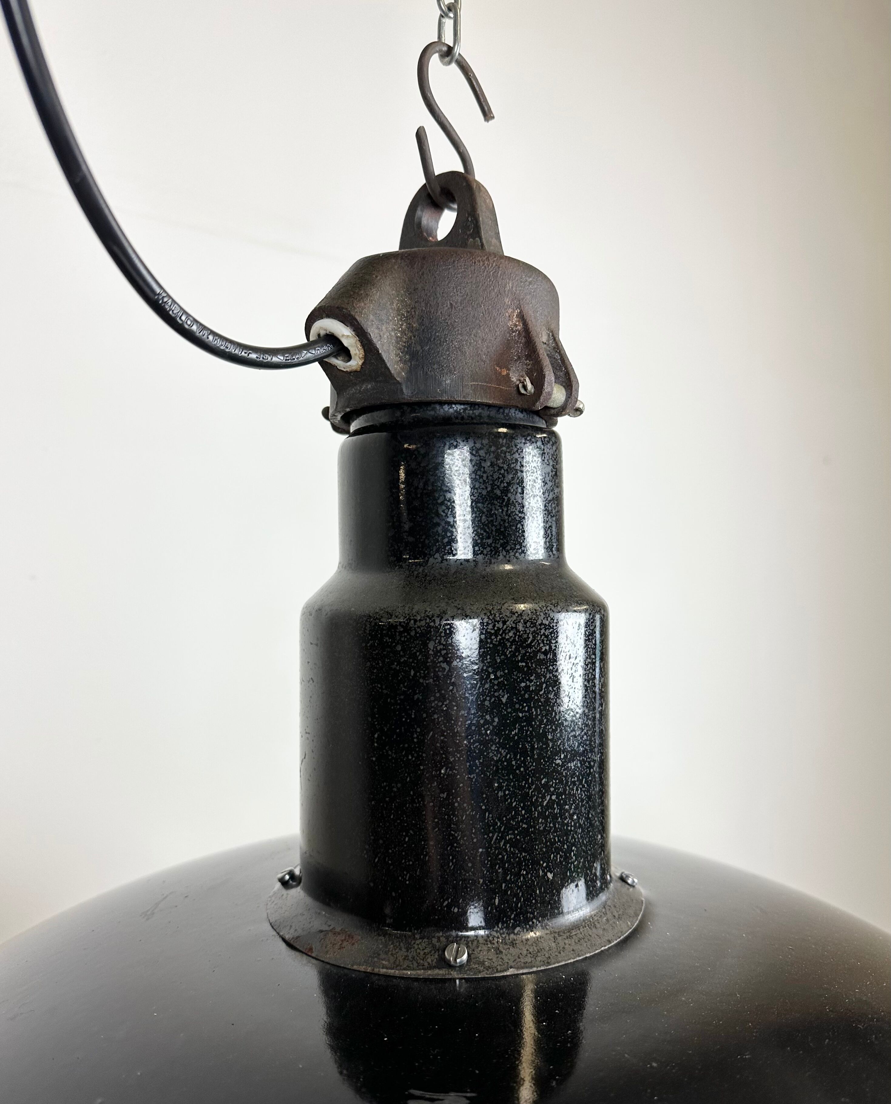 Industrial midcentury black enamel factory lamp, 1950s