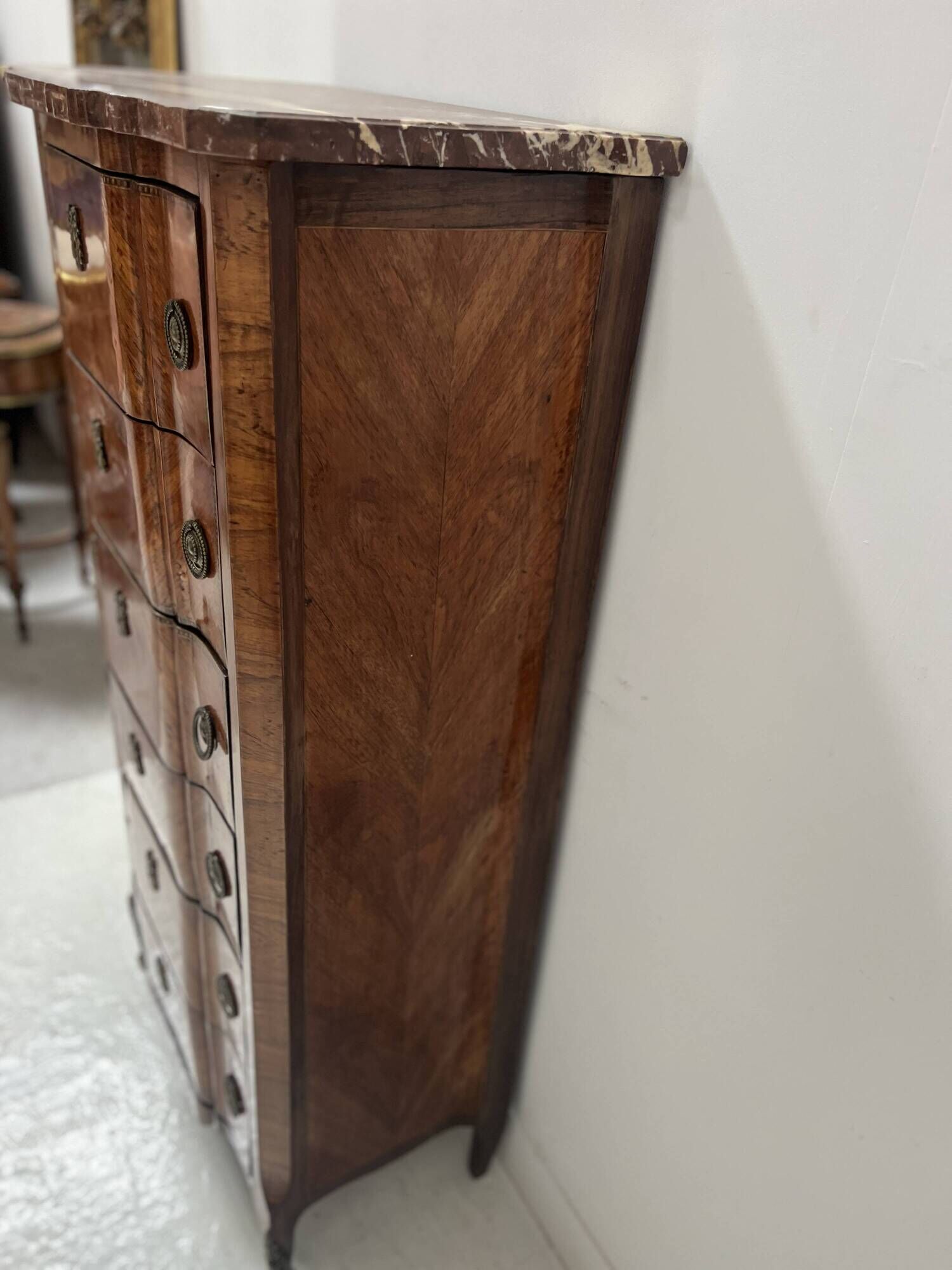 Transitional style chest of drawers in rosewood and amaranth veneer, 20th century.