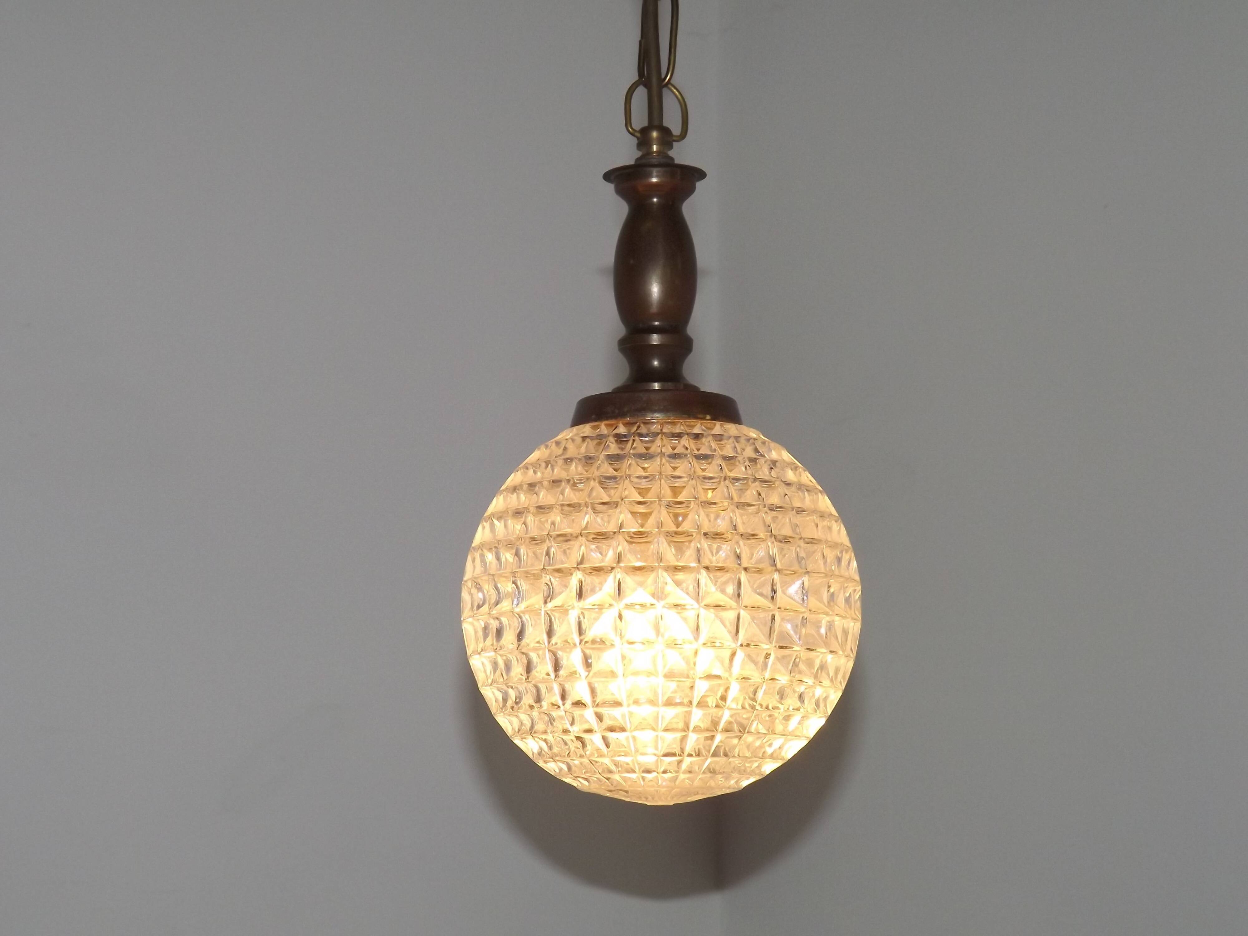 French Vintage Molded Glass & Brass Pendant Light 1970s Globe Hanging Lamp
