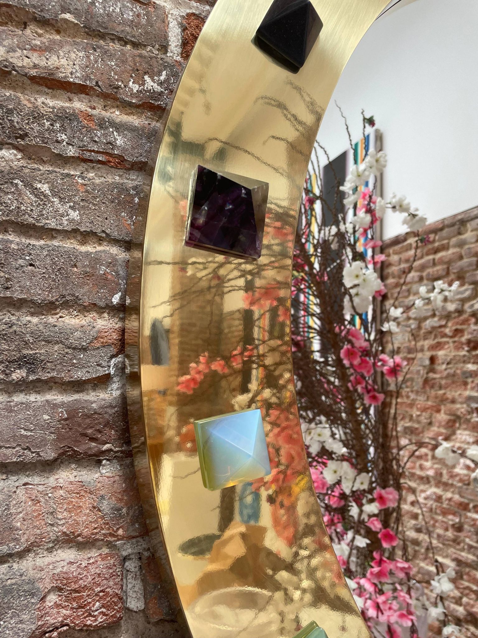 Modern Circular Mirror with Brass Frame and Semi-Precious Stone
