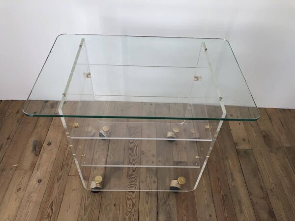 Desserte design David Lange – plexiglas & verre – années 70