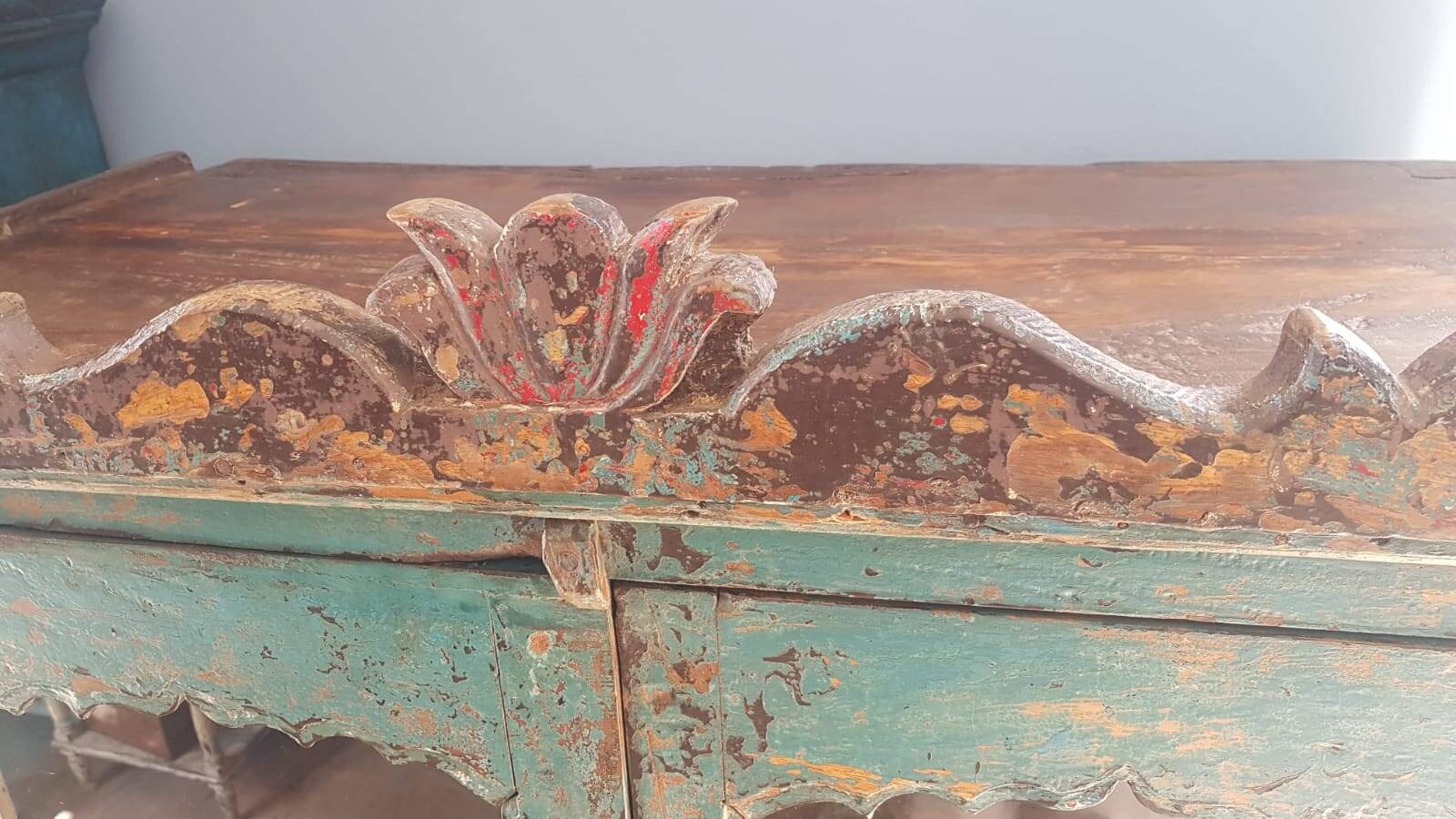 Turquoise glazed lotus furniture in Indian teak and art deco